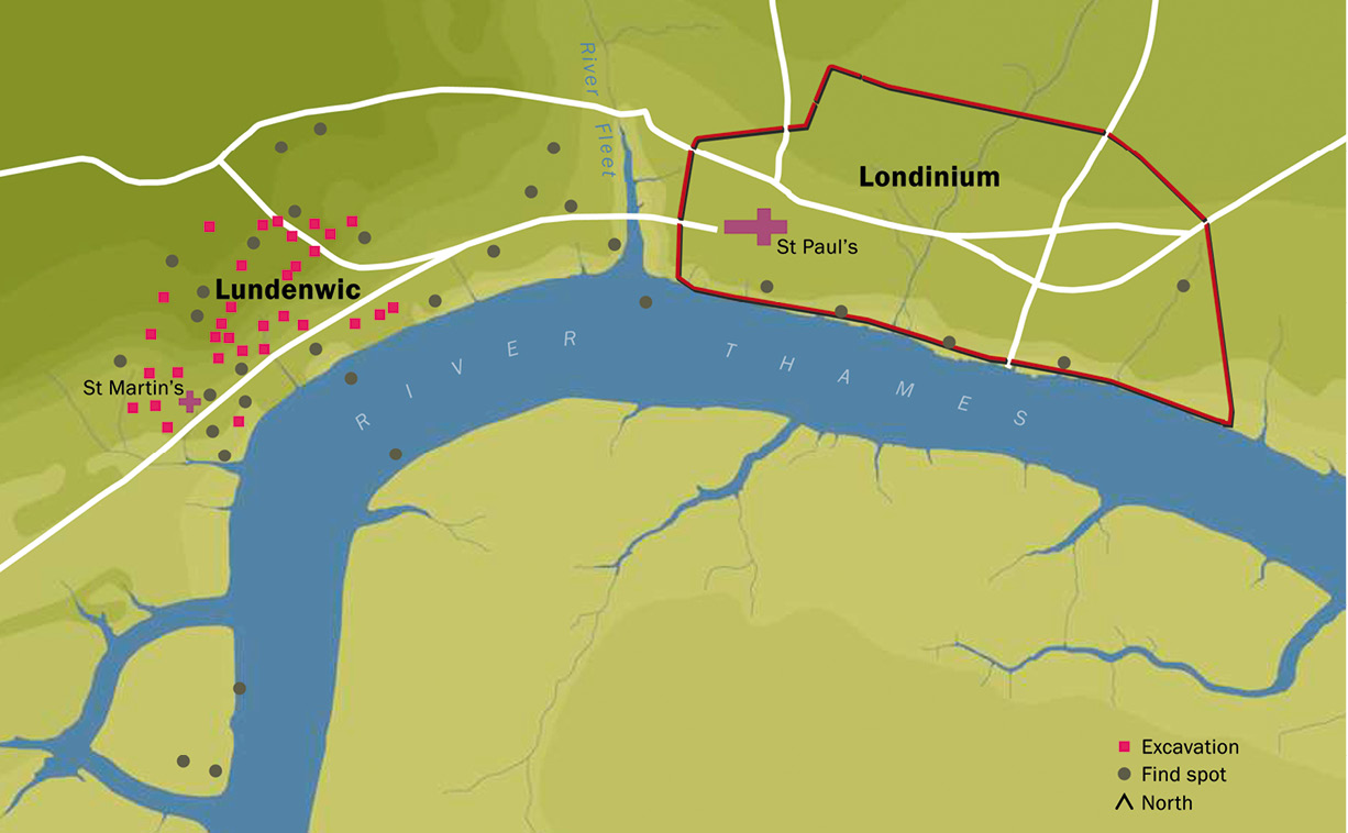 Above Map showing Middle Anglo-Saxon sites in London. The former Roman town appears to have been an ecclesiastical centre, while the new port-town or emporium of Lundenwic developed a short distance to the west, where its remains lie beneath the modern West End.