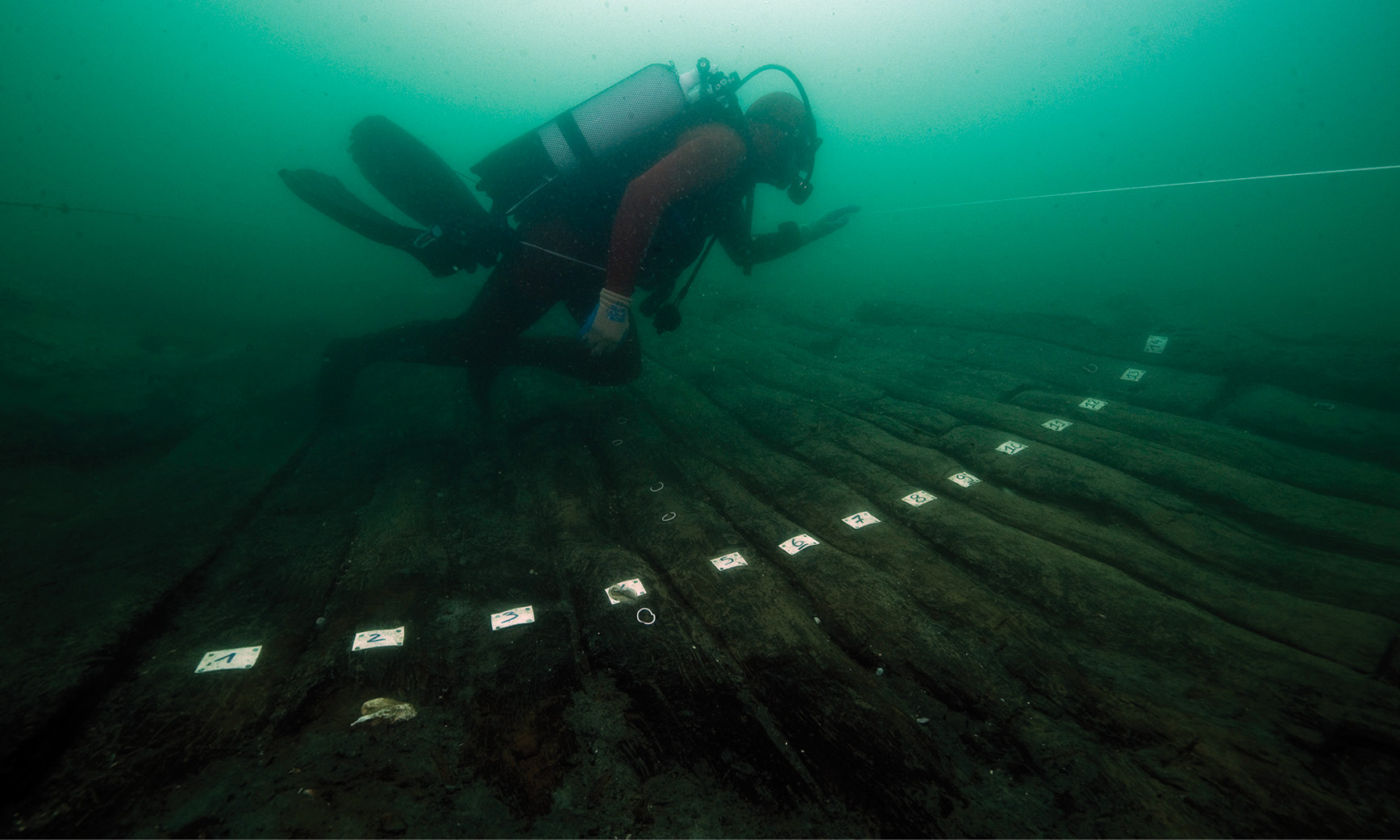 above Shipwreck 17 dates to the mid-4th century BC. It has been pinned to the harbour floor at Heracleion, possibly to form a quay or bridge.