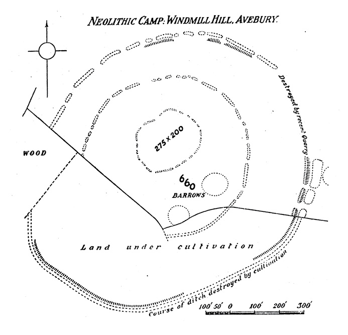Above Windmill Hill causewayed camp near Avebury, excavated in the 1920s, became a ‘type-site’ for the Early Neolithic in Southern Britain. Below The distinctive worked flint and pottery types found at the site became the basis for archaeological recognition of a ‘Windmill Hill culture’ in Southern Britain.