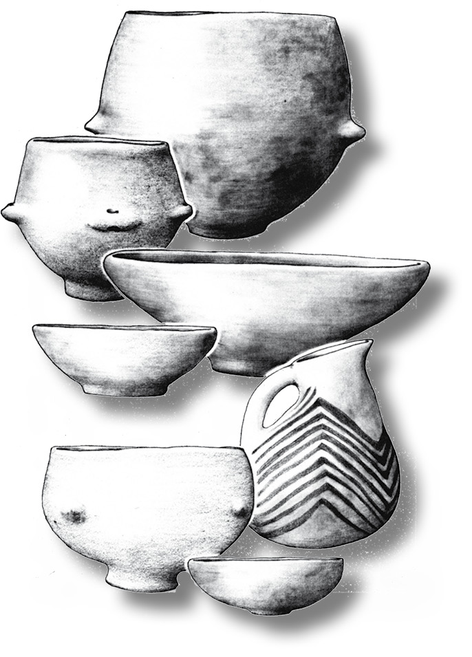 The Neolithic package: square houses, ceramic containers, and fat ladies. Left Pottery from Early Neolithic sites in Greece: Europe’s earliest ceramics. Far left Figurines of clay and marble from Early Neolithic sites in Greece. Below Plan of a house of Early Neolithic date from Slatina in western Bulgaria. It was built of timber and mud.