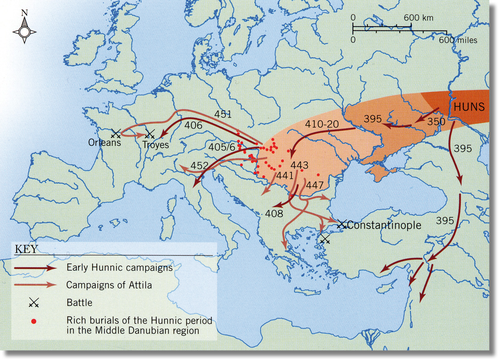 Left The westward migration of the Huns, with their origins deep in the Asian steppes, was probably of crucial significance in the collapse of the Roman imperial frontiers in the years around AD 400. The Huns themselves penetrated deeply, but with no lasting effect. Their advance catapulted other peoples westwards and southwards Germans, Goths, and others: the people who would make a new Europe from the fractured pieces of the former Roman Empire.