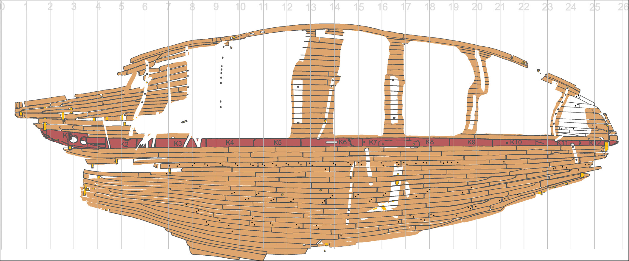 left A plan showing the exposed planking of Ship 17. The vessel would have been about 28m in length, and had an open hull with no deck. One remarkable feature of the construction was that the hull planking was fashioned and laid in such a way that it resembled a brick wall (below).