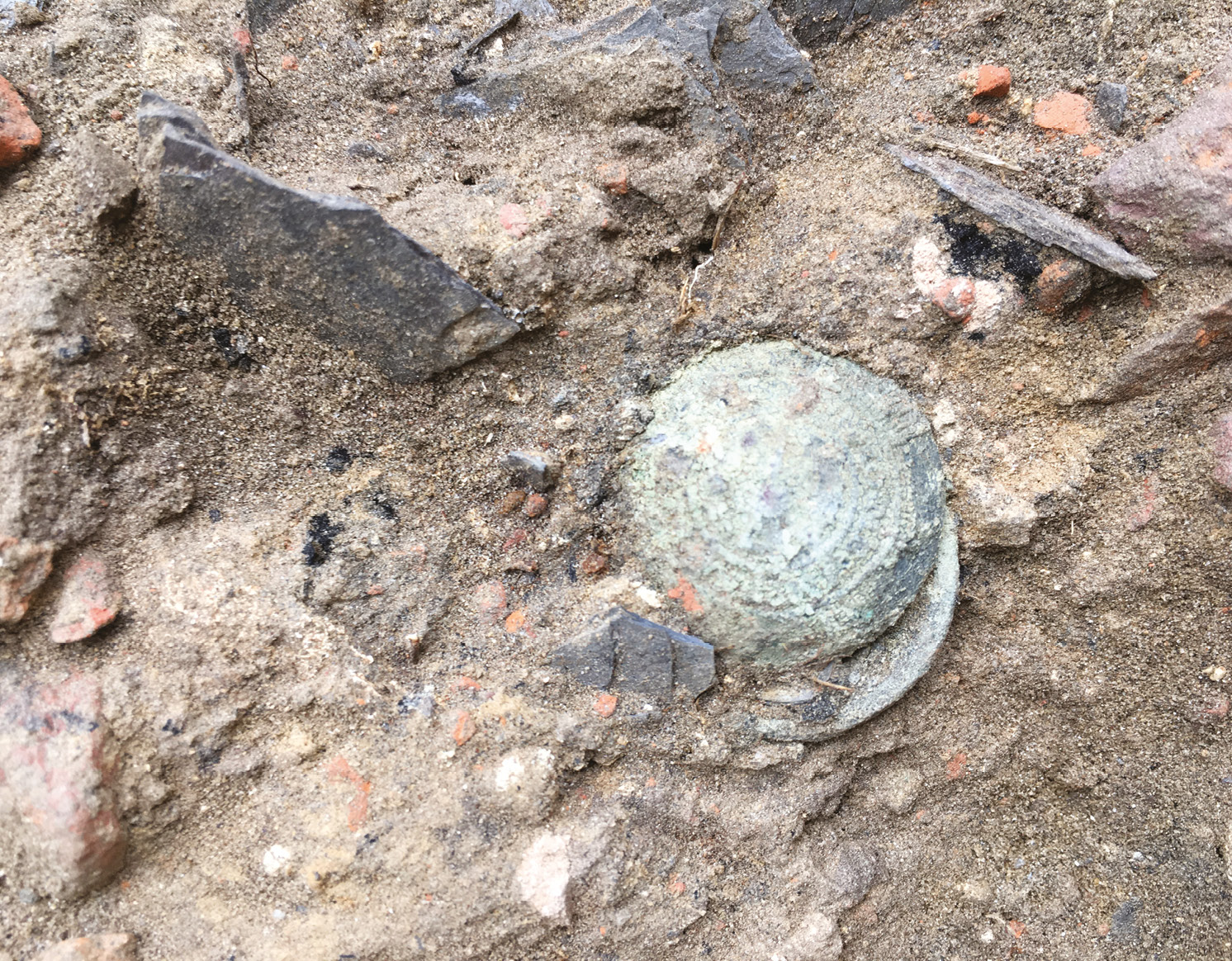 BELOW A Scots Guards button, with Scottish thistle, emerges from a layer of burnt debris at Hougoumont Farm.