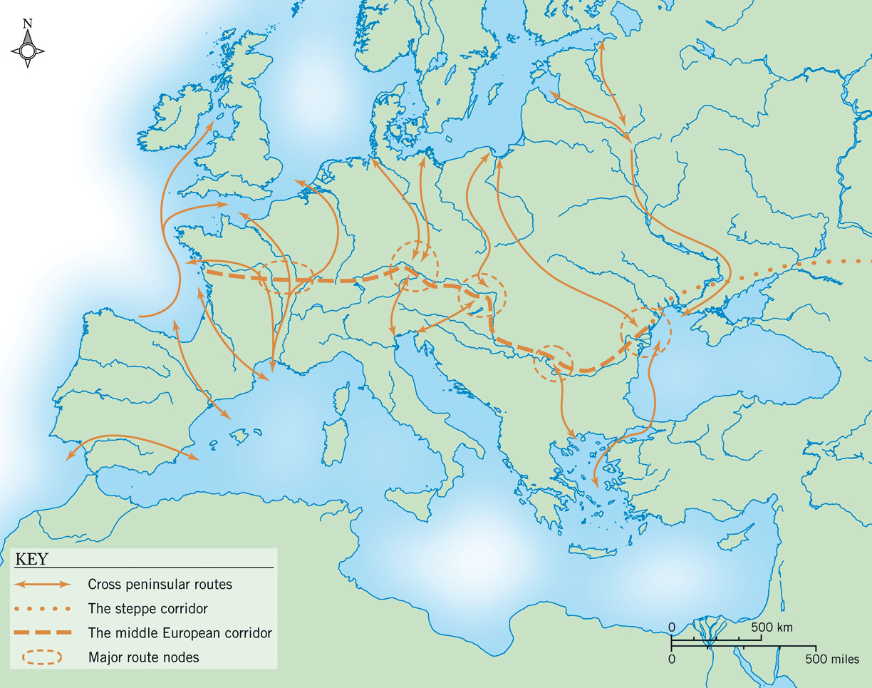 Above Map showing Europe’s many great thoroughfares. Europe is surrounded by oceans and dissected by numerous rivers, such that travel across the continent is easy and fast.