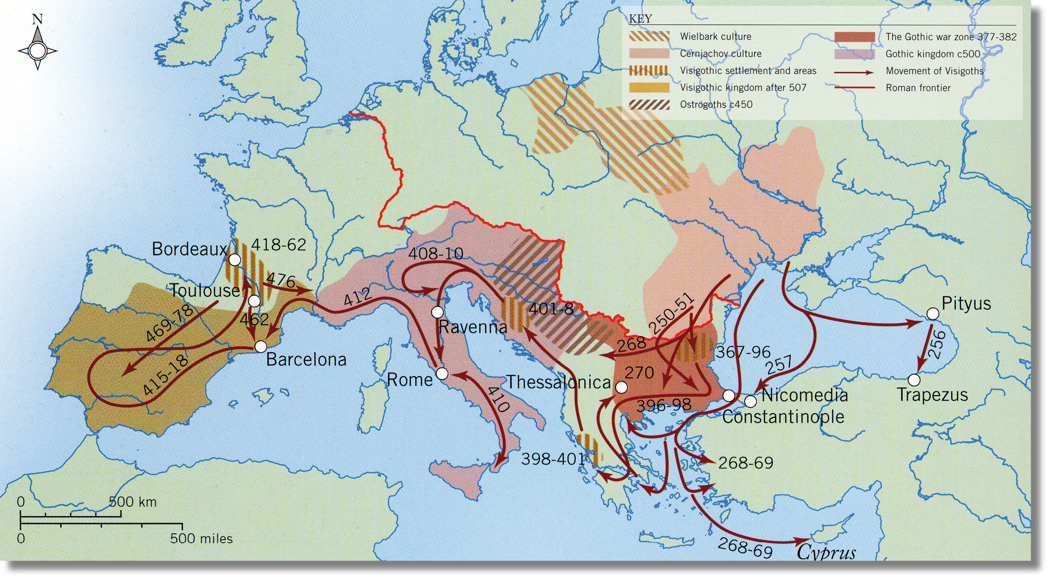Below The most important of those displaced by the Huns were the Goths. With their origins in the Southern Baltic region, they were destined to settle and remodel a huge swathe of the former Roman Empire from the Atlantic to the Adriatic.