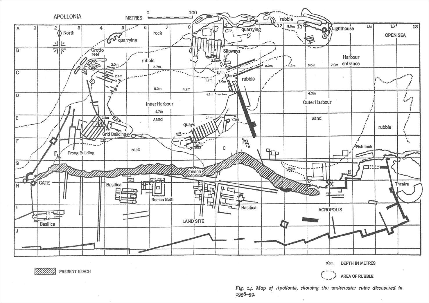 RIGHT The final map from our diving survey in 1958-1959 at Apollonia. Note the massive wall and quay that separates the inner harbour basin from the outer harbour. The hatched area is the modern beach, so everything to the north of that is underwater. The much more recent Byzantine ruins are on the land south of the beach.