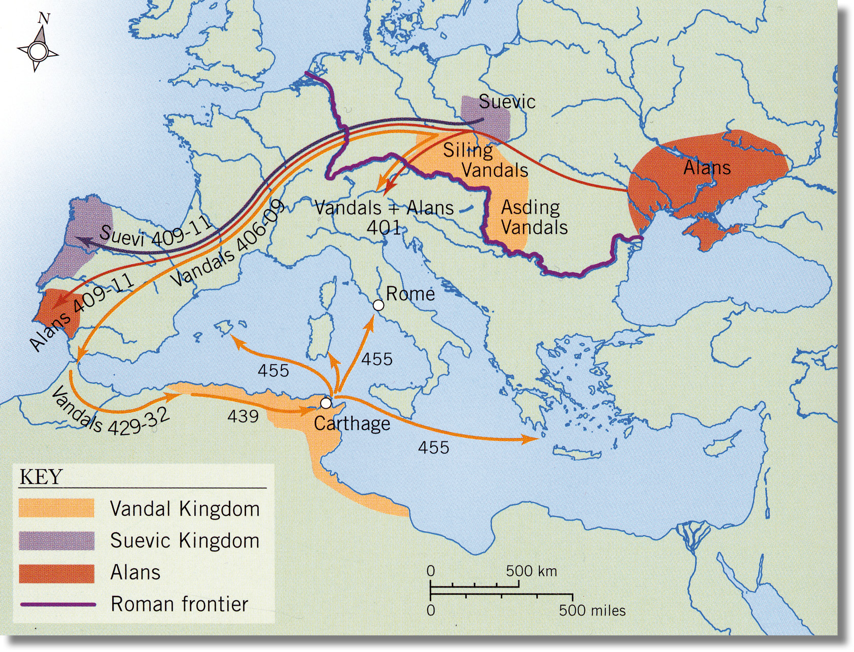 Left The raids of the Huns and the migrations of the Goths were only part of a more complex sequence of interrelated folk-movements that included many others. The Alans, the Suevi, and the Vandals also burst into the territory of the Roman Empire in the early 5th century AD, migrating thousands of miles to create new settlements in Western Spain and North Africa.