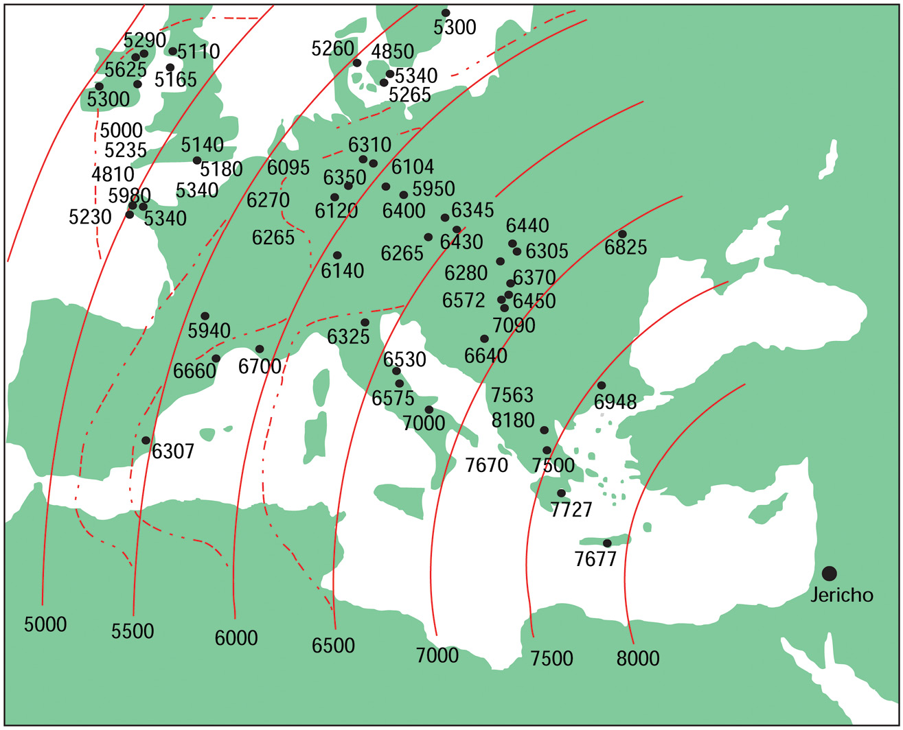 Below The spread of Neolithic practices and artefacts from south-east Asia into continental Europe and finally into Britain and Ireland, with suggested dates and directions. Migrants colonising parts of Greece and Turkey introduced farming to these parts of Europe and Asia, but many different processes were at work thereafter.