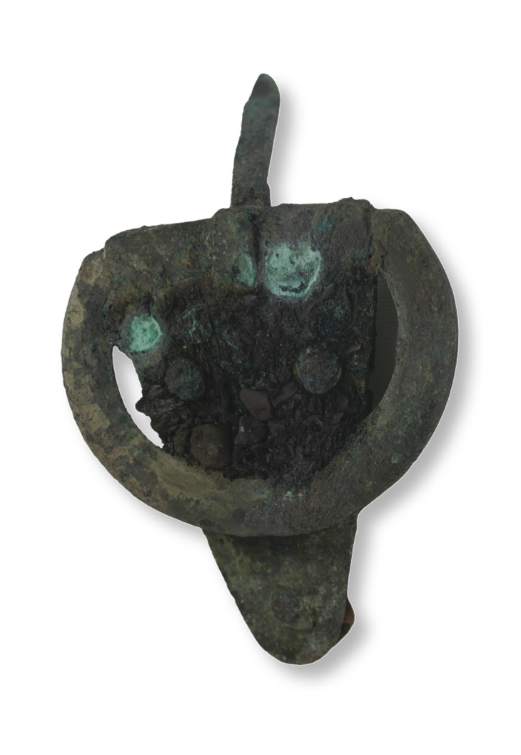BELOW & RIGHT Some of the artefacts excavated in 2020: a copper-alloy buckle (34mm wide), a finely worked bone needle case (93mm long), and a crossbow-type brooch. The buckle and brooch may hint at some kind of military activity continuing at Roman Brough long after the construction of the early forts on the site.