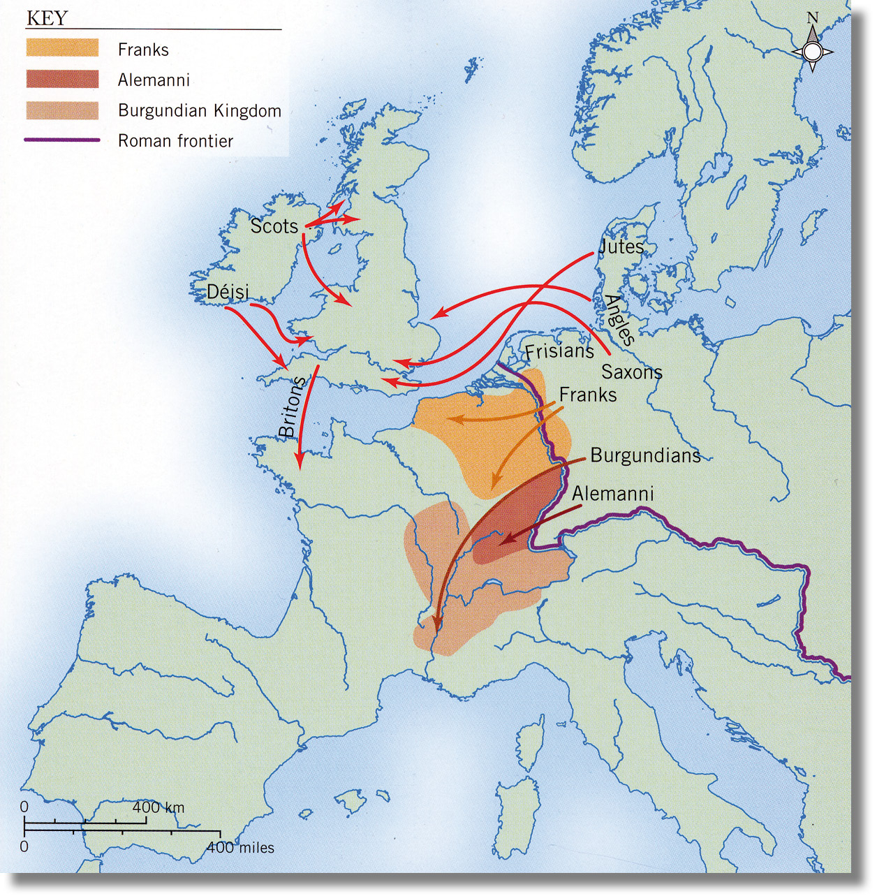 Left Between AD 360 and 480, the movement of Scots, Irish, Britons, Jutes, Angles, Saxons, Franks, Burgundians, and Alemanni created the ethnic, linguistic, and cultural basis for many of the states of Medieval (and modern) Europe.