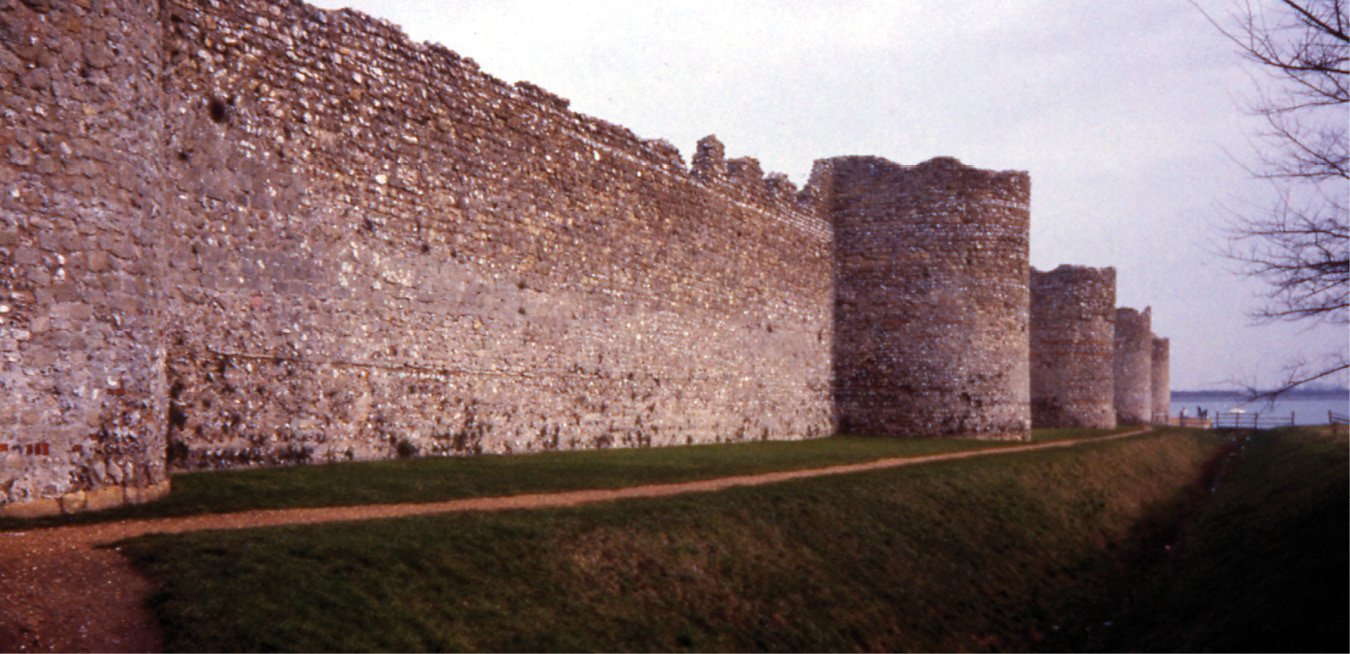 Left and above Portchester Castle in Hampshire is a first-class example of a Late Roman defence-work, symbolic of the increasingly embattled condition of the empire, and in particular of the infestation of the seas with hostile raiders.