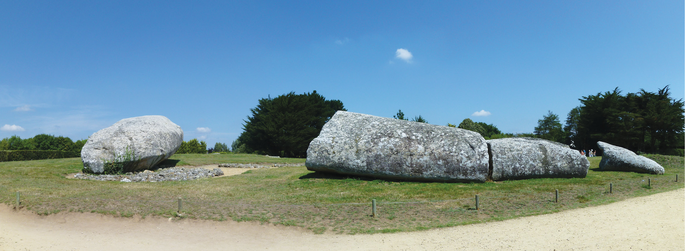 ABOVE & above right The breaking up of menhirs and the dismantling of stone rows at La Table des Marchands (here the holes of an earlier stone alignment can be seen in front of the passage grave) and Le Grand Menhir Brisé, in Locmariaquer, Brittany, has been cited as evidence of Neolithic social upheaval that might have driven farmers to migrate to southern Britain. Such events could have other causes, however, and we lack precise dates to support such a scenario. inset A Mesolithic menu: this image shows typical foods and the weapons used in their capture. Bone isotope evidence suggests that fresh- and saltwater fish, shellfish, and seabirds and their eggs formed a large part of the diet, along with wildfowl, boar, deer, nuts, roots, berries and wild seeds, and grain. There is no evidence of a shortage of food, so a key question is why did Mesolithic people decide to abandon a wild-food diet for home-grown produce?