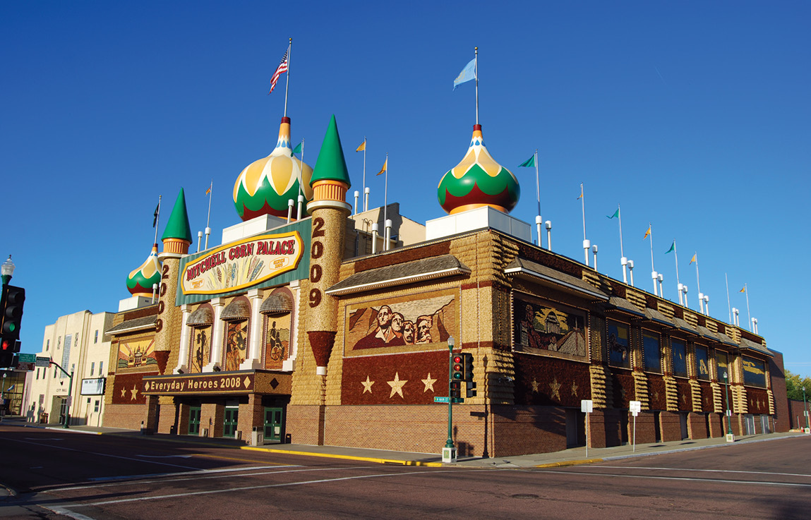left The decorated Corn Palace of Mitchell, South Dakota.