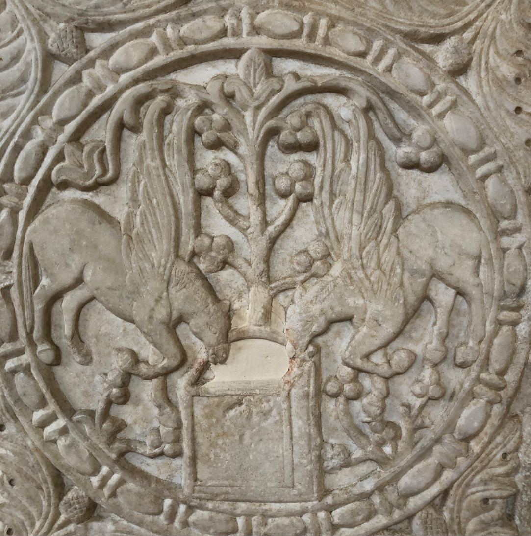 below Marble relief from the cathedral of Sorrento, showing two pegasi drinking from a fountain. 11th/12th century AD.