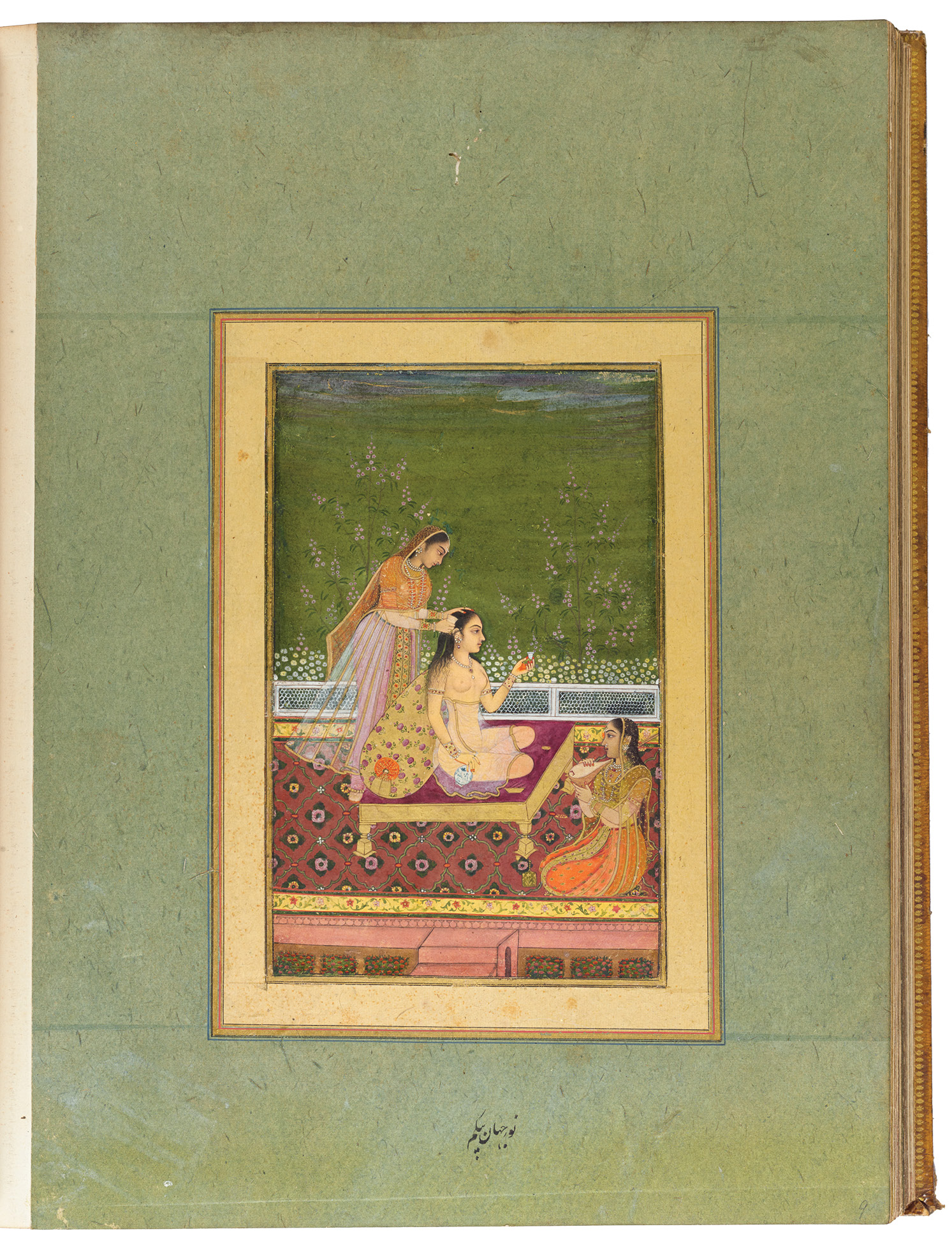 LEFT Plate by an unknown hand depicting Mumtaz Mahal, within a volume of Indian and Persian miniatures. Pen, opaque watercolour, coloured washes, and gold on burnished paper, 18th century. Size: 41 x 33cm