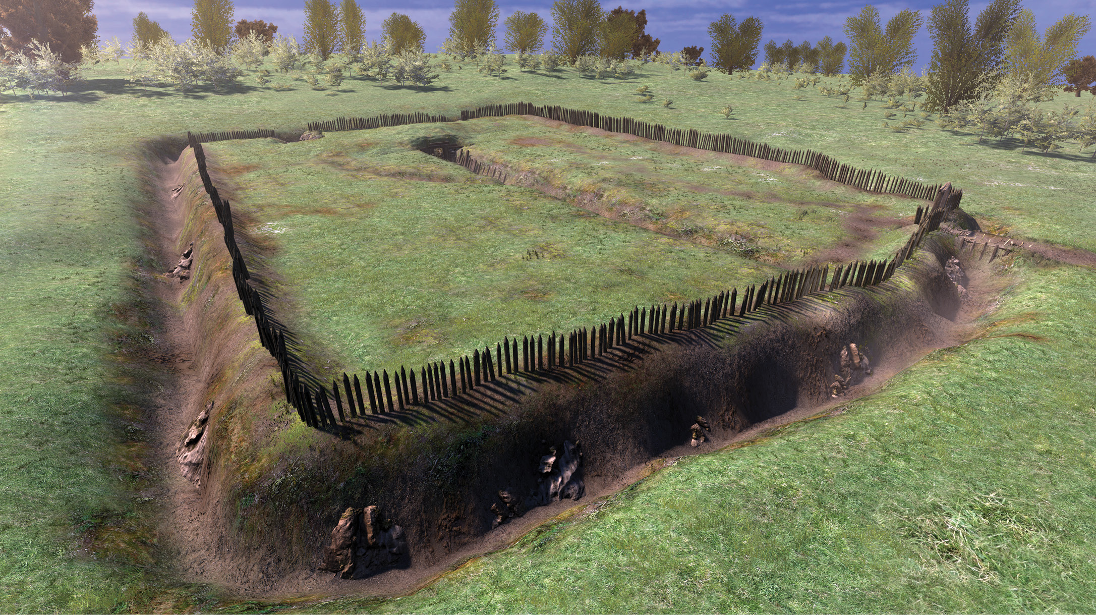 left Aeriel-Cam’s photogrammetry image captures an aerial view of the Boden site, and the remains of the Cornish fogou that Time Team was investigating. above A digital reconstruction of how the Iron Age site may have looked.