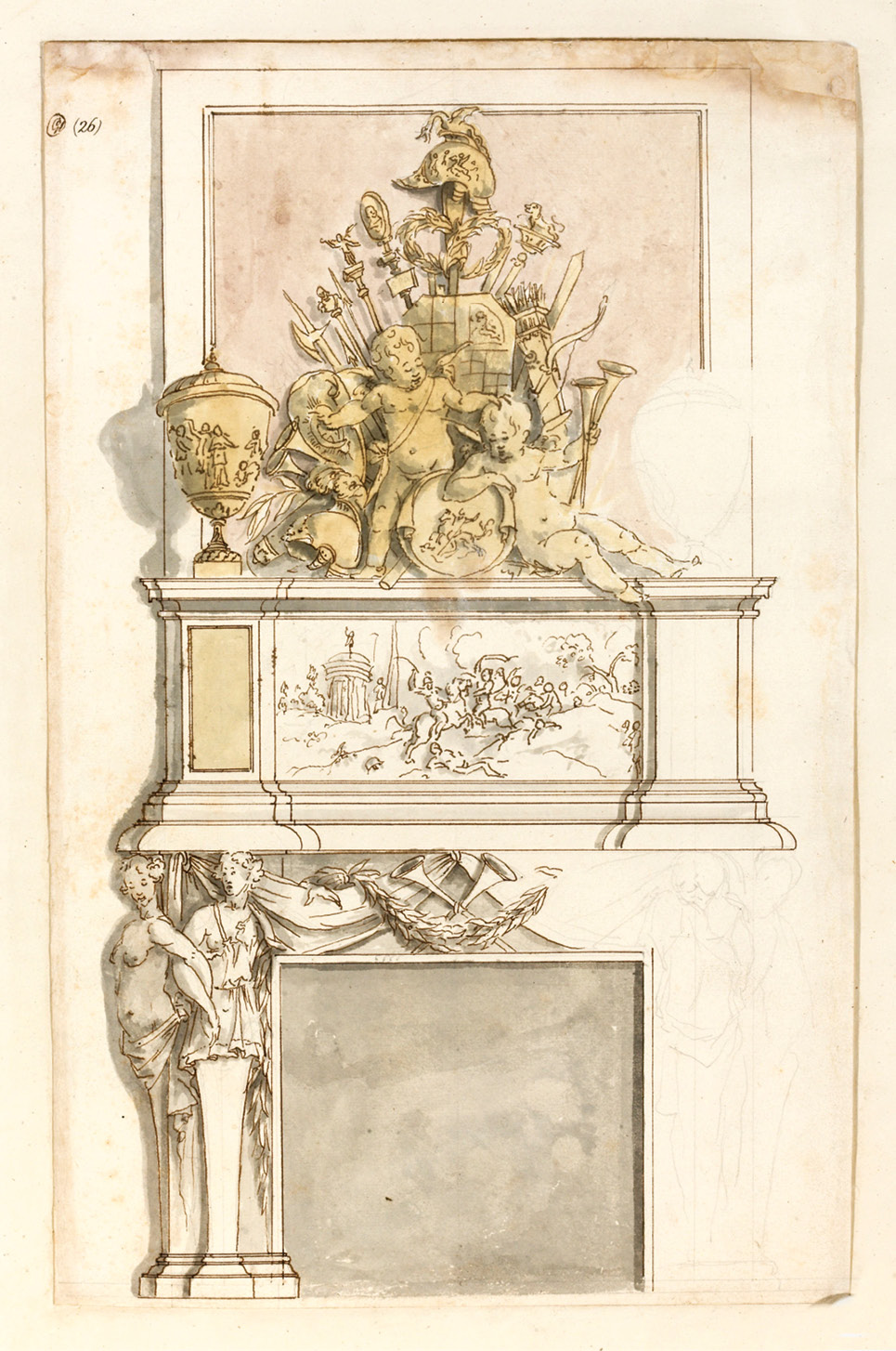 ABOVE Grinling Gibbons, Elevation of a chimneypiece for Hampton Court Palace, Richmond. Pen, brown ink, pencil, and pink-brown, yellow ochre, and grey washes on laid paper, 1689-1694. Size: 39 x 24.5cm