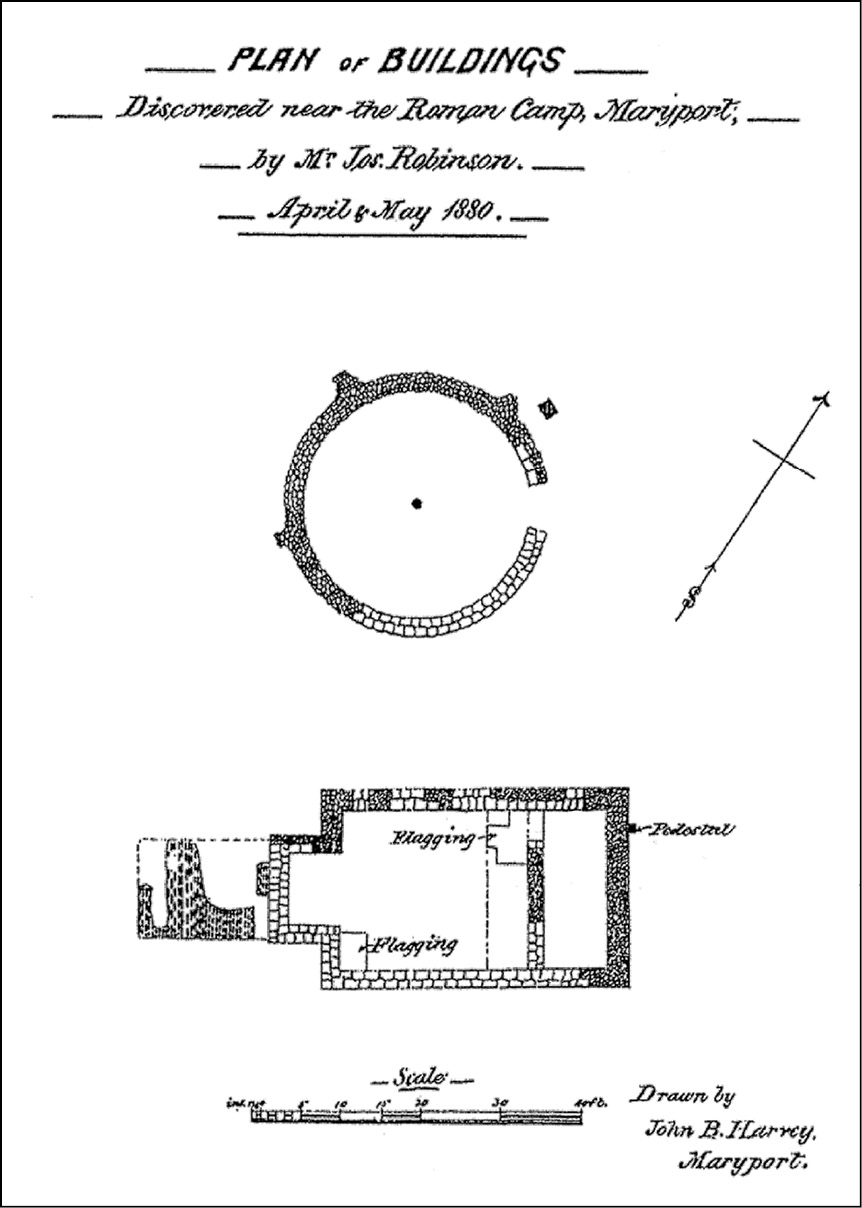 right Antiquarian excavations in 1880 revealed the presence of two buildings, one round and one rectangular, at Maryport.