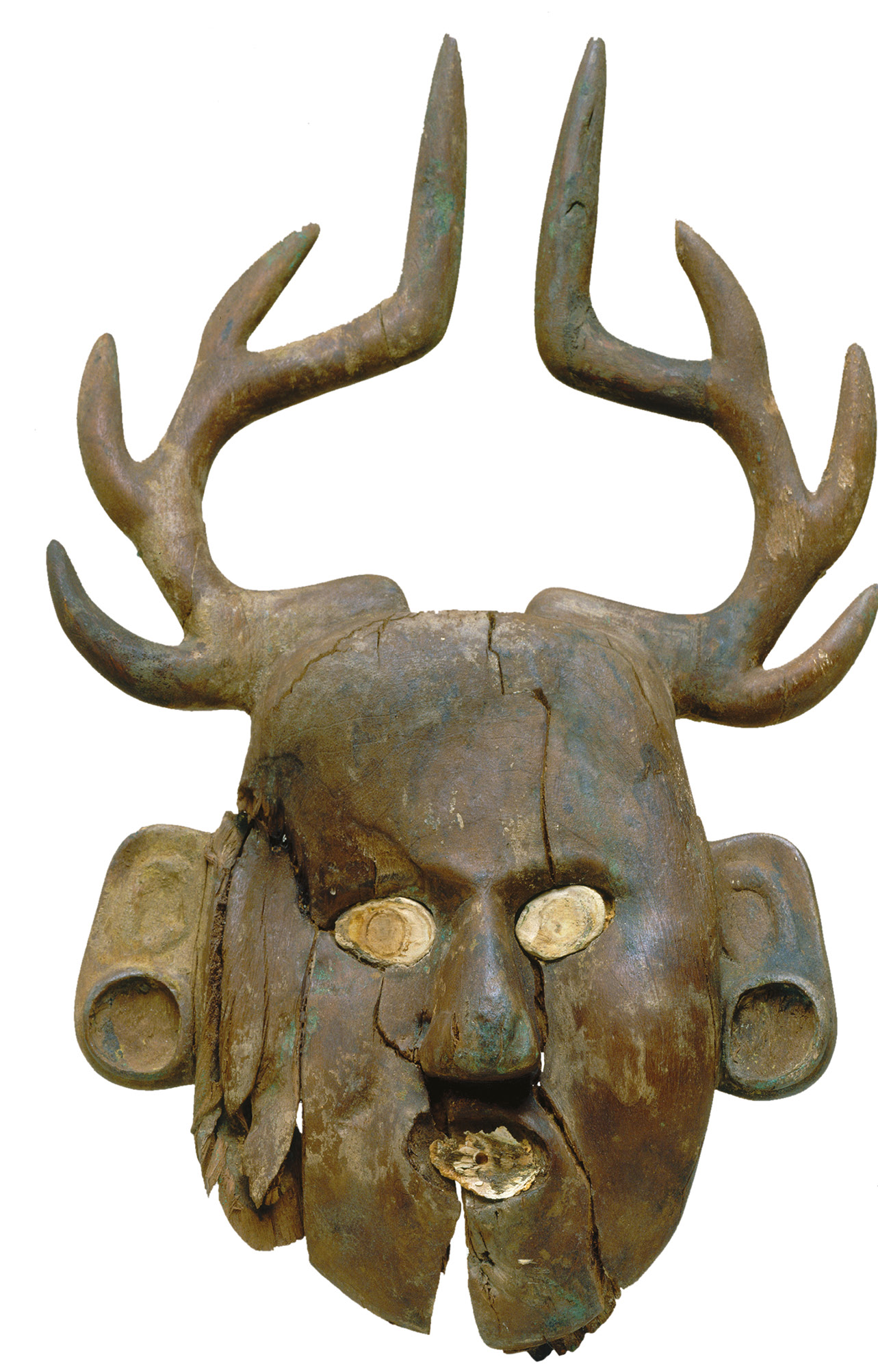 right Human face effigy with deer antlers, possibly depicting Wild Boy. Wood with shell inlay, AD 1200-1450 Size: c.30 x 15 x 2.5cm