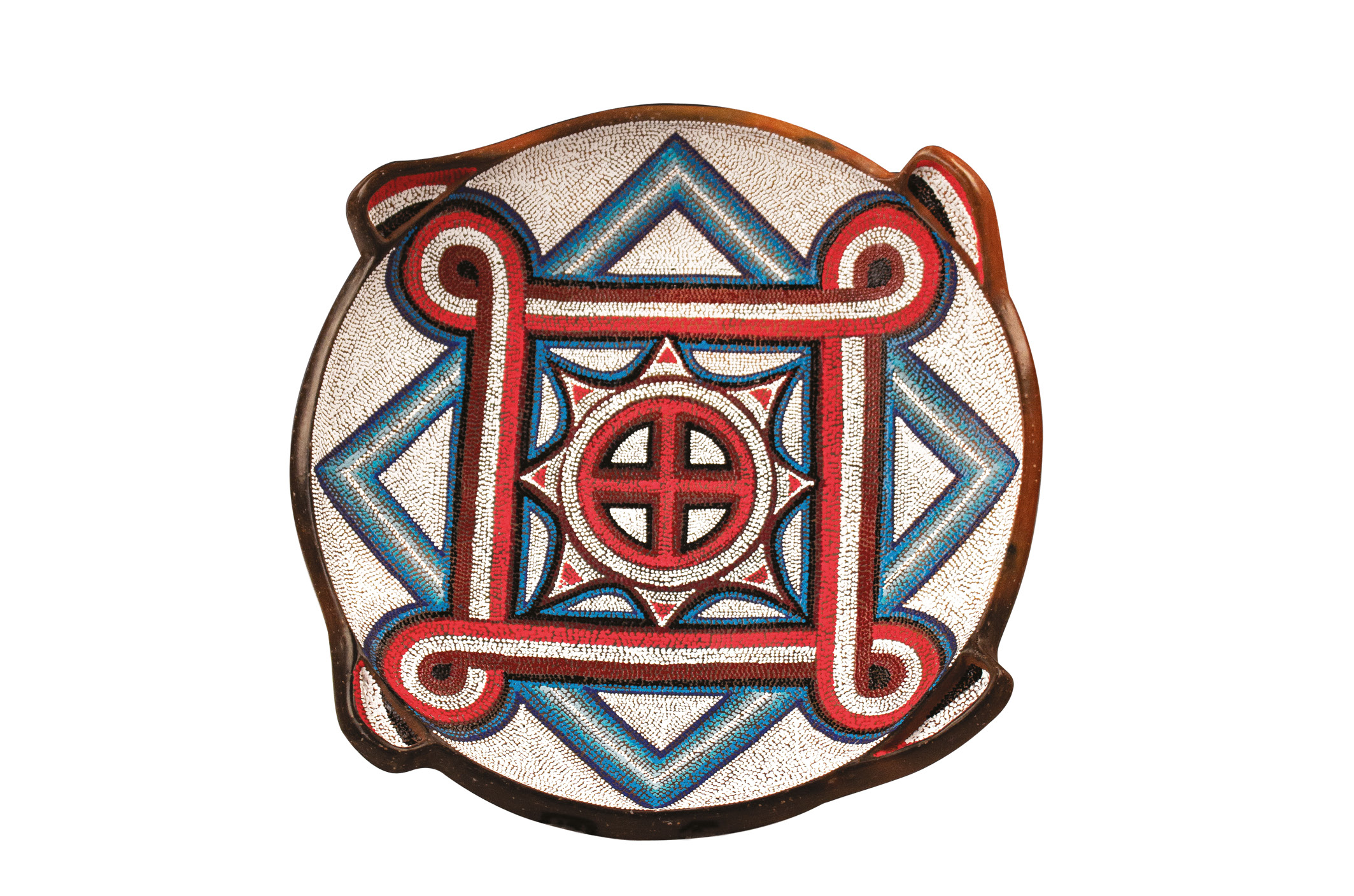 above Everlasting Fire Plate by Chase Kahwinhut Earles and Starr Hardridge. Caddo & Muscogee (Creek). Acrylic and plaster on ceramic, 2019. Size: 33cm in diameter