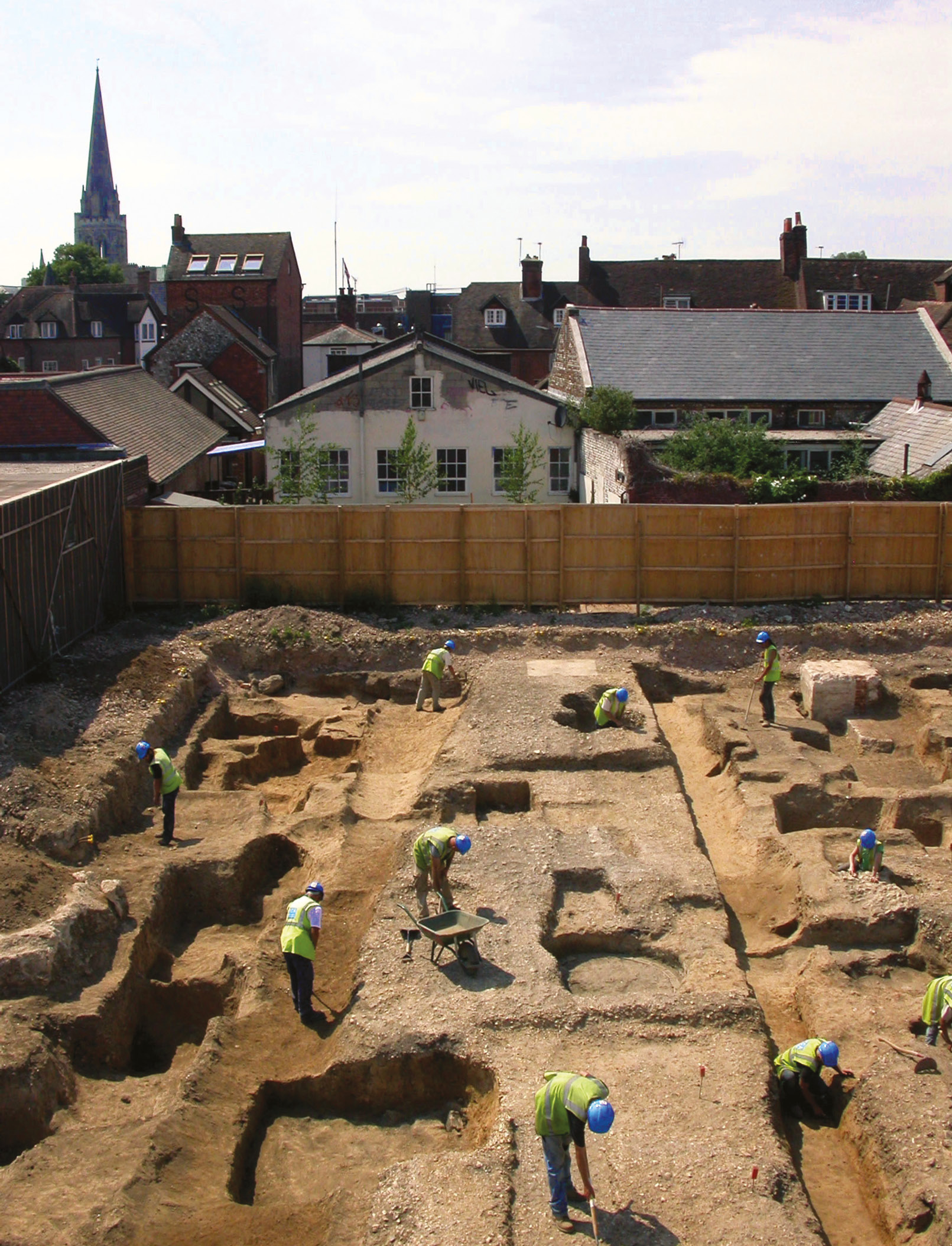 LEFT Overlooking the line of an east west early Roman street that was revealed on the former Shippam’s meat-paste factory site in Chichester by Pre-Construct Archaeology in 2006.