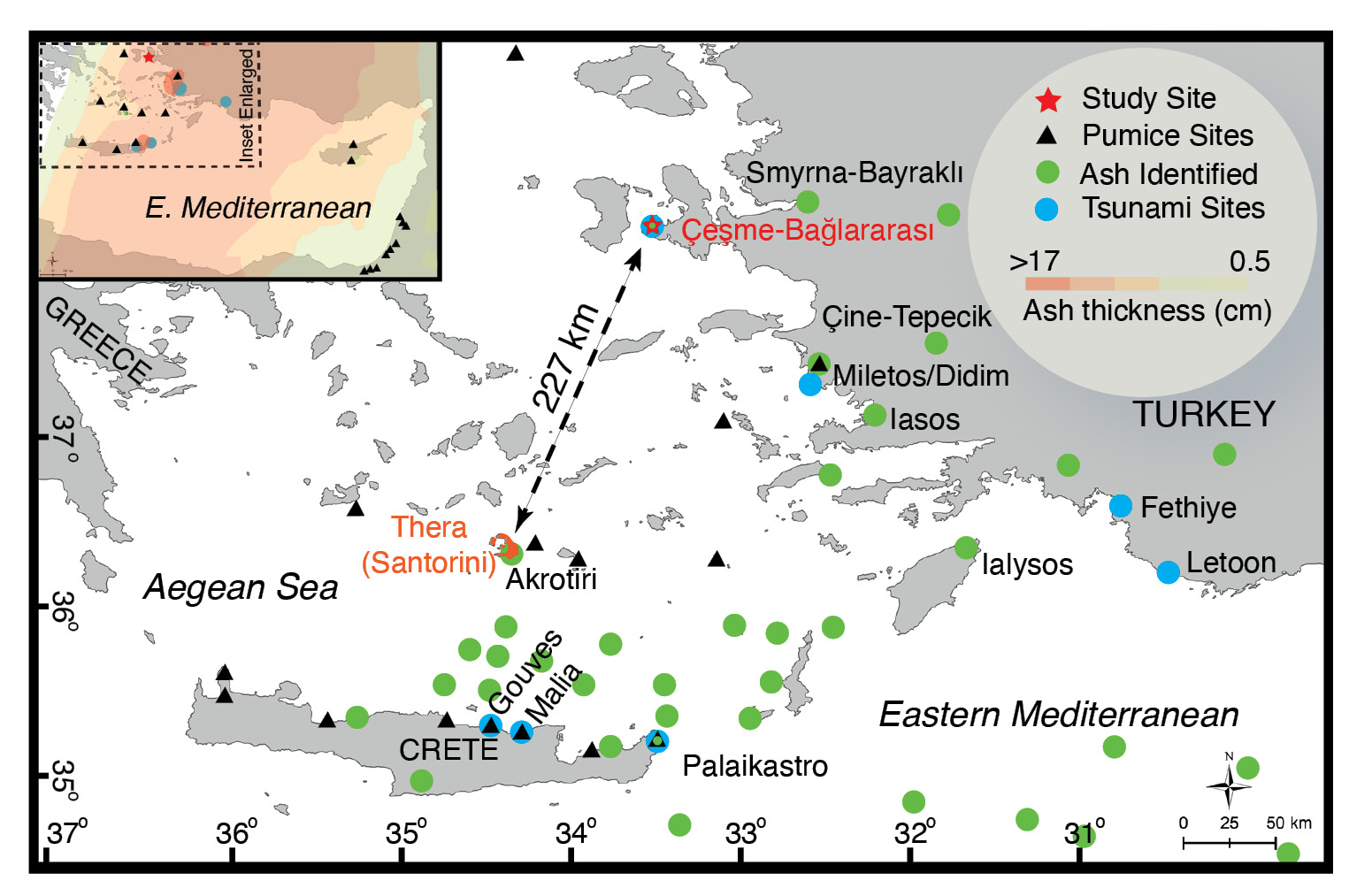 left The locations of Thera and Çeşme-Bağlararası, as well as sites in the Aegean and eastern Mediterranean where evidence for the impact of the eruption has been detected.
