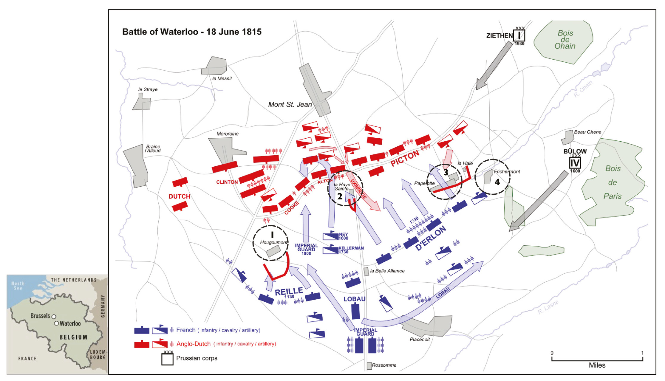 RIGHT This plan shows the location of the Battle of Waterloo, and the layout of the battlefield, indicating Hougoumont and the other fortified farmsteads that were involved. They were: (1) Hougoumont (2) La Haye Sainte (3) Papelotte (4) Frichermont