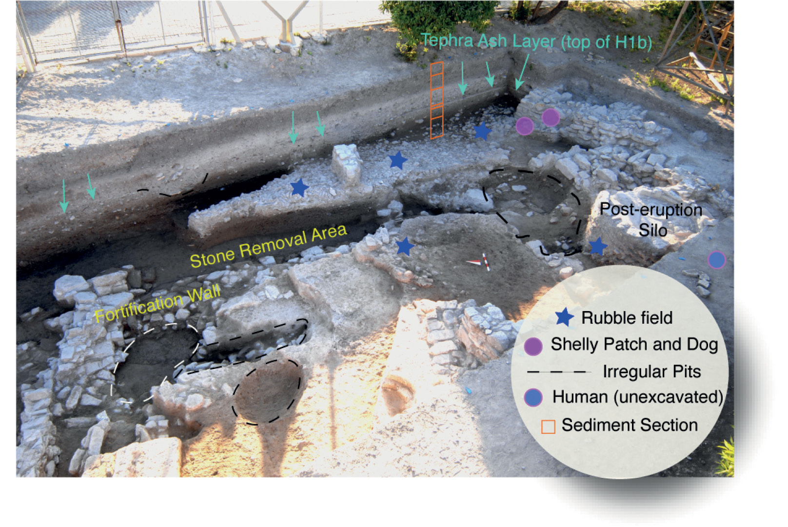 right The excavations as they appeared in 2012. Among the details marked out are the location of the thick ash layer, an area where stone has been removed, and the location of irregular pits.