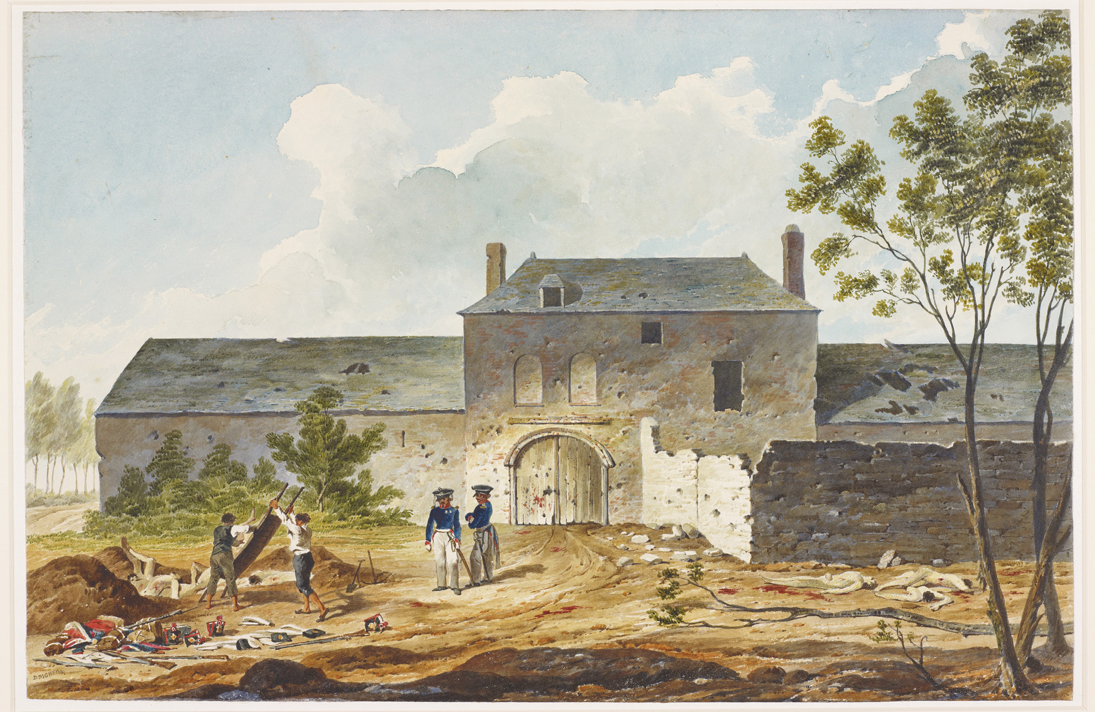 ABOVE Denis Dighton’s Chateau de Hougoumont. Field of Waterloo 1815. In this painting, bodies of the dead have been stripped in the aftermath of the Battle of Waterloo. Serviceable equipment can be seen awaiting reissue, while torn and bloodied uniforms are stockpiled for disposal. Do the buttons found during Waterloo Uncovered’s investigations reflect a similar scene?