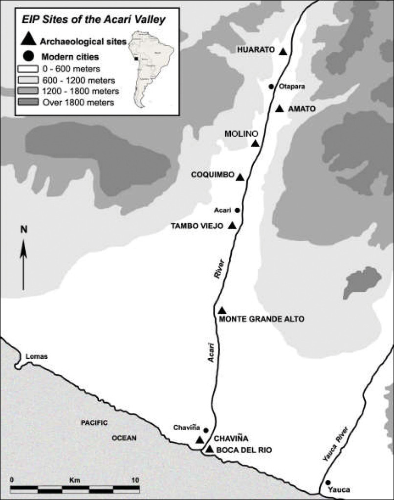 Archaeological sites and modern cities in the Acari valley (left). As this satellite image shows, the valley runs between highlands and the ocean, and is flanked by desert (above).