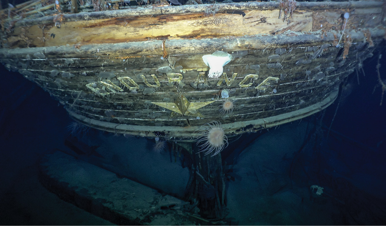 BELOW After weeks of searching, researchers were finally able to see the wreck through underwater cameras, with the name Endurance written clearly on the stern.
