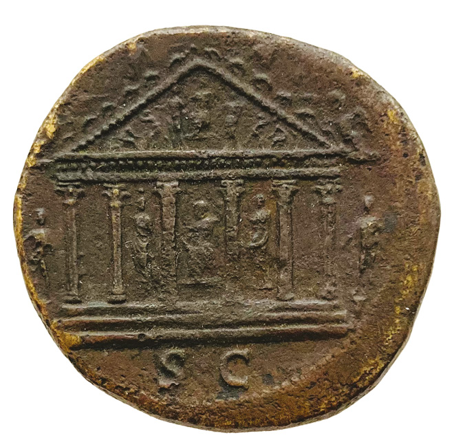 BELOW Shown on the reverse of a coin of Vespasian minted in AD 74, this structure is the Temple of Jupiter that once stood on the Capitoline Hill in Rome. Vespasian had it rebuilt following a fire, and Tacitus described ceremonies marking its foundation.
