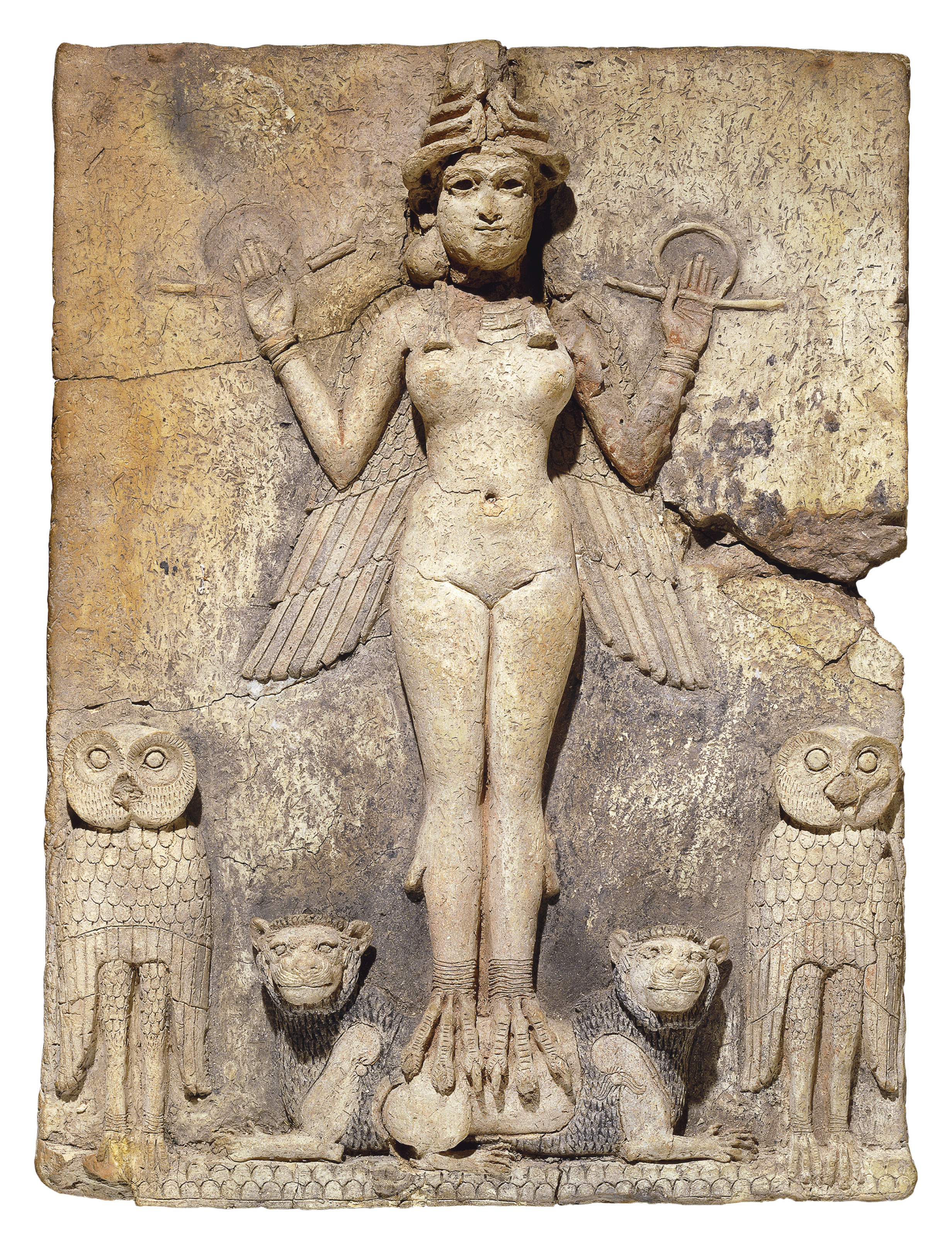 opposite ‘Queen of the Night’ relief representing Inanna. Painted clay; Iraq, c.1750 BC. Size: 49.5 x 37 x 4.8cm