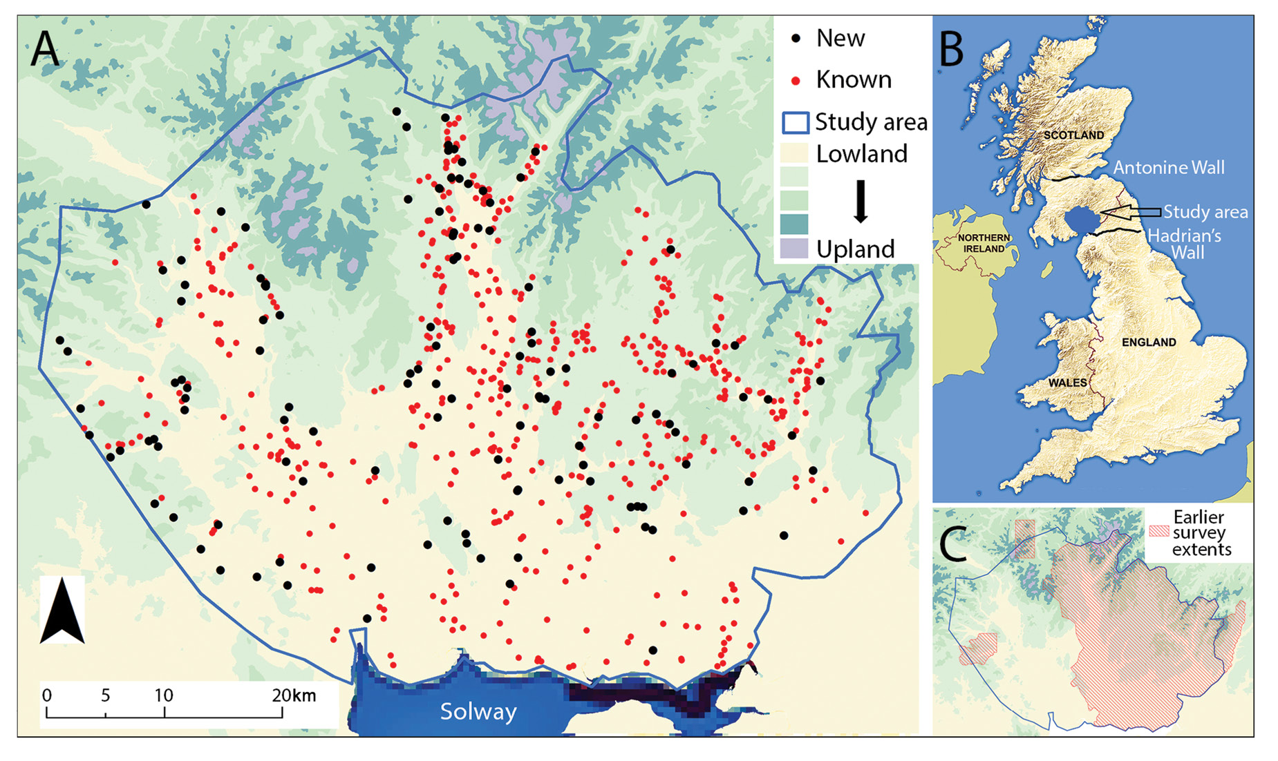 left This plan shows the area studied during the recent pilot study; newly identified and previously known indigenous settlements within this region, and the land covered by previous surveys.