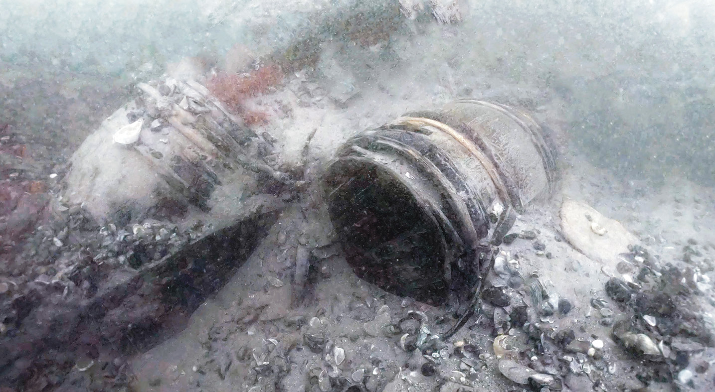 right The Invincible was first and foremost a fighting ship: these are some of her gunpowder barrels, photographed in situ at the bottom of the Solent.