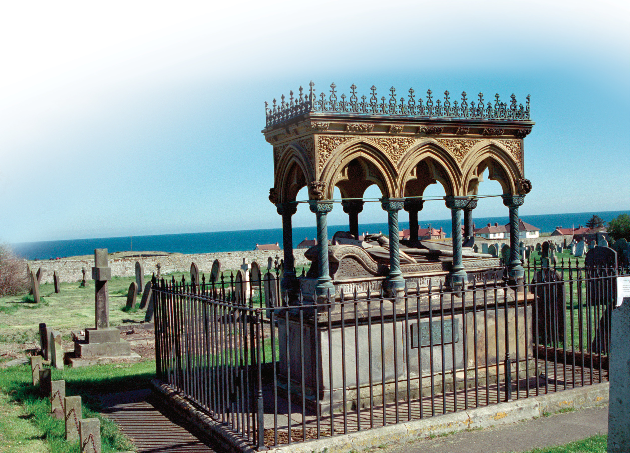 Below The memorial to Grace Darling in St Aidan’s churchyard, Bamburgh. She became famous for helping her father rescue survivors of the Forfarshire on 7 September 1838.