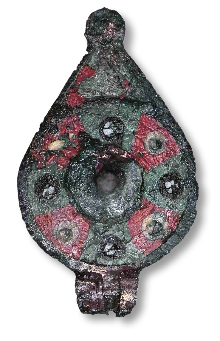 left One of the more unusual finds from Western Road was this small, leaf-shaped, copper-alloy seal box with an enamelled hinged lid, which had been placed in the grave of a middle-aged man in the 2nd century. Such a box would originally have protected a wax seal fixed to a document, but in this case may have been reused as a pendant.