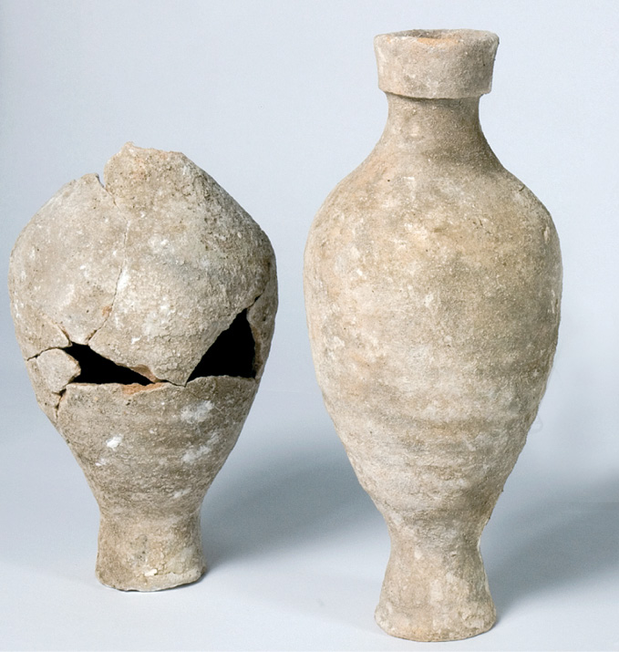 Below This pair of North African unguentaria from the grave of an adult female date to the late 3rd to mid 4th century, and are the only examples of imported pottery from the OA