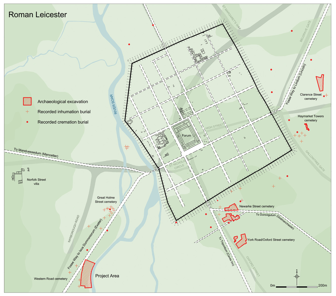 above The plan shows Roman Leicester and its known cemeteries, including the Western Road site, which lies on the Fosse Way. The site is shown (left) in more detail.