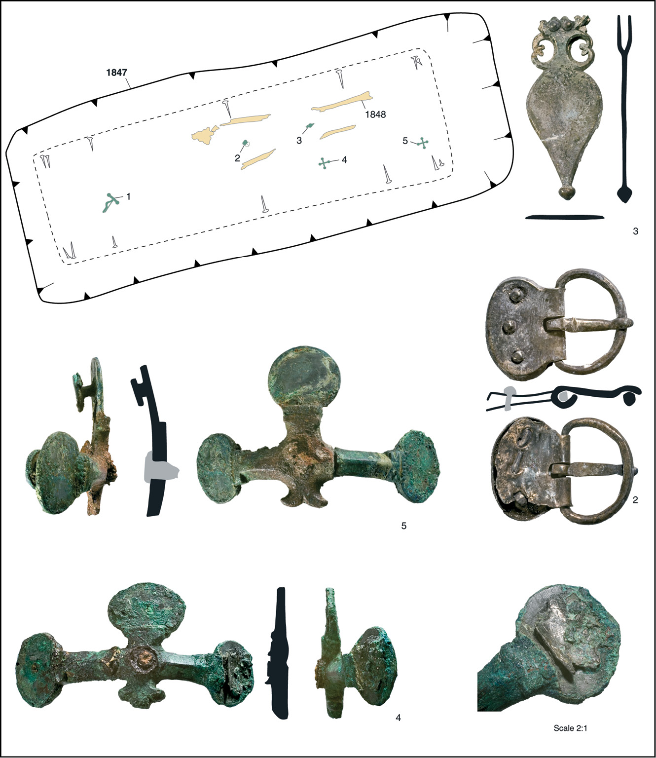 Above The fragmentary remains of the individual laid to rest with a belt, brooch, and spurs. Was he an official or soldier? This image shows the silver belt-fittings (top and centre right), and the copper-alloy and iron spurs (centre and bottom left) buried attached to a pair of soft leather boots. BELOW This magnificent gilded crossbow brooch wished its wearer ‘good luck’ (left) and ‘live well’ (right). Worn through with age, its central terminal had snapped off.
