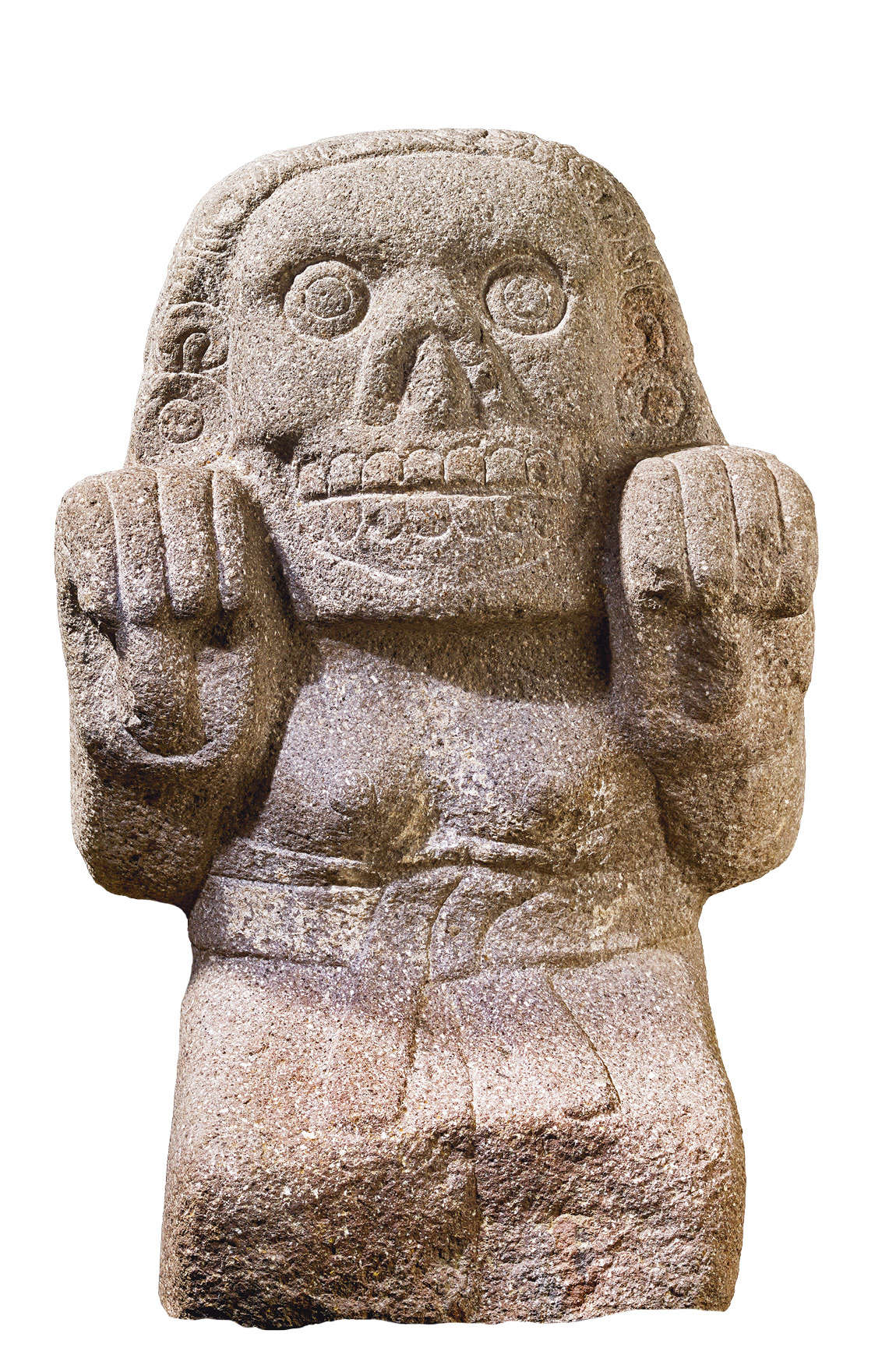 left Figure of a kneeling Cihuateotl. Andesite; Mexico, c.1400-1521. Size: 74 x 45 x 42cm