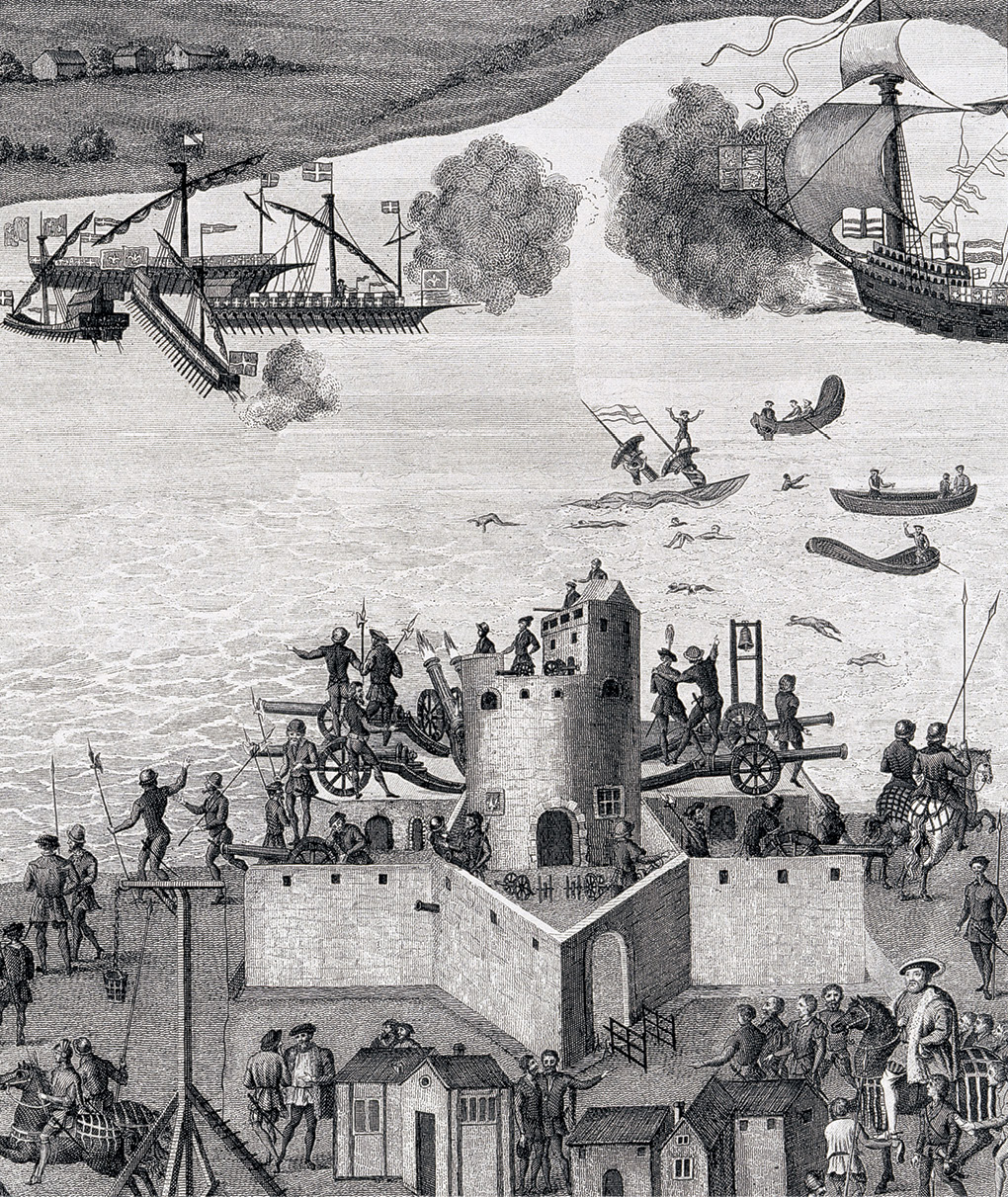 right This 18th-century engraving depicts a wall painting at Cowdray House that was lost to a fire in 1793. It shows the Battle of the Solent in 1545, during which the Tudor flagship Mary Rose sank. The mast tops from which a crewman calls for help and a floating sail are all that can be seen of the capsized vessel.
