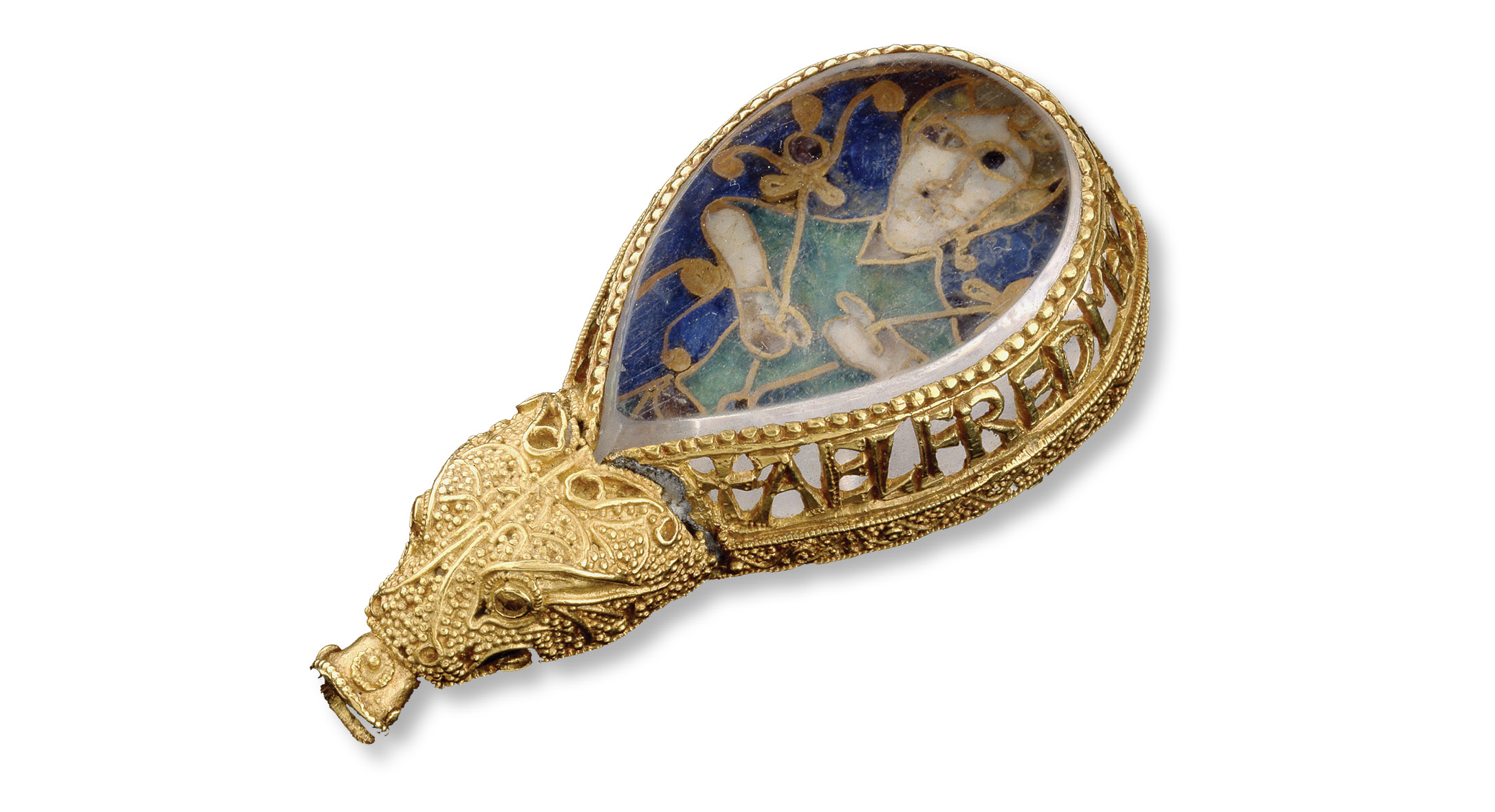 above Found in the 17th century, the Alfred Jewel is thought to have topped a kind of Anglo-Saxon manuscript pointer known as an aestel.