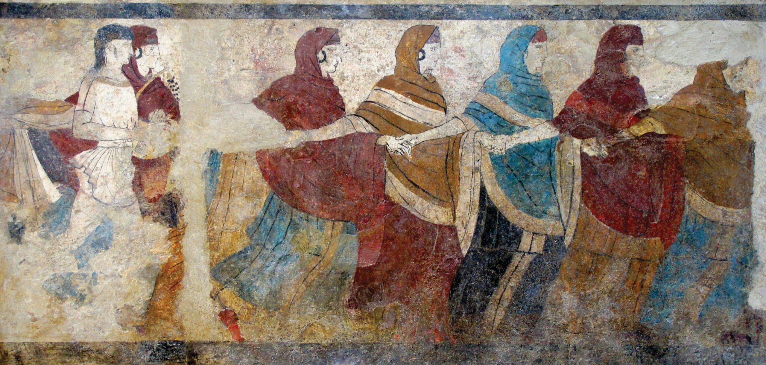 above Painted tuff slab, from the Tomb of the Dancers at Ruvo di Puglia, late 5th century BC/4th century BC. Size: 54 x 108cm right Alessandra Calise Martuscelli (on the right), the owner of the site, with Melina Pagano (on the left), one of the restorers working on the tomb.