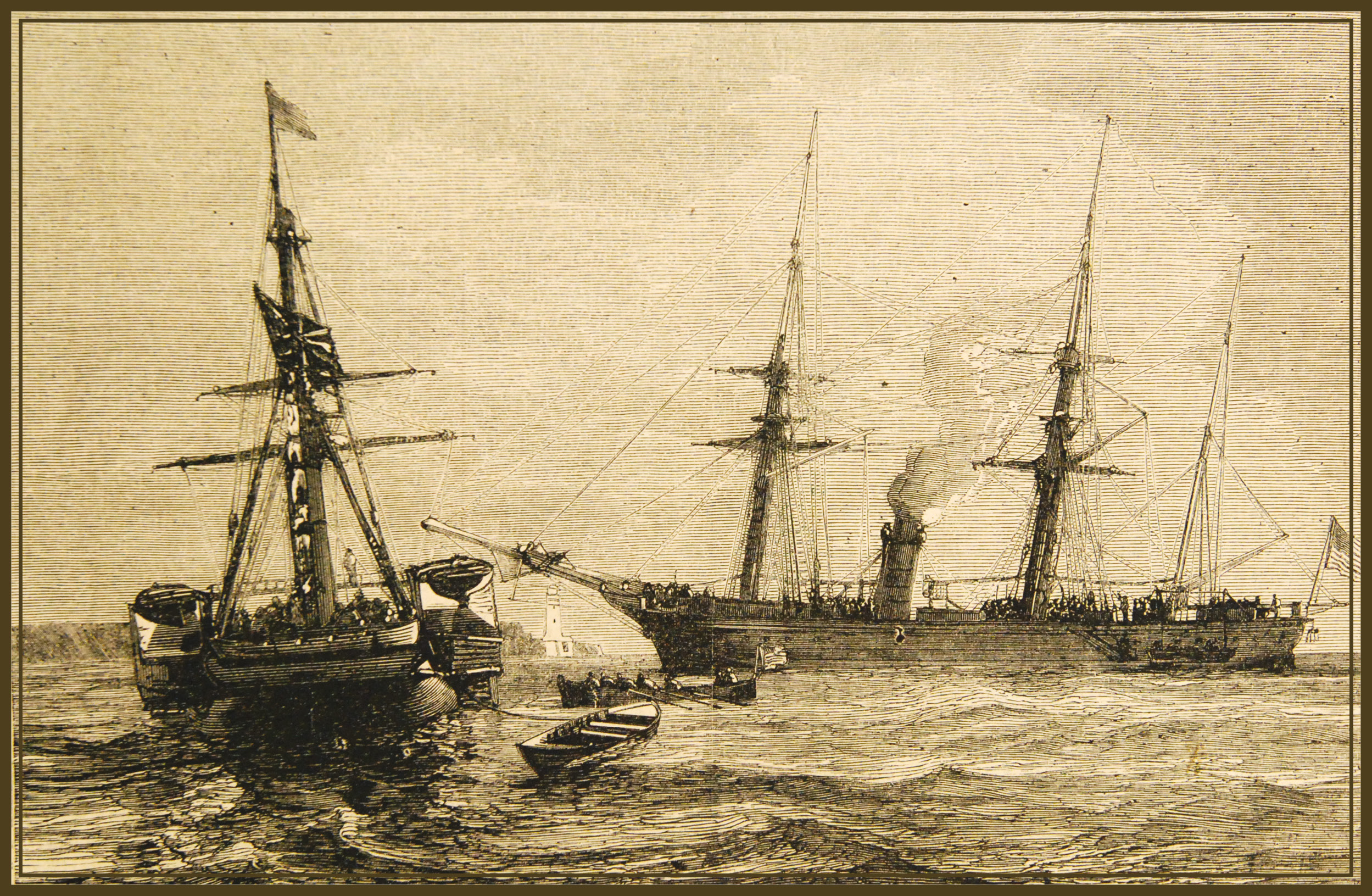 ABOVE USS San Jacinto (on the right) stopping British steamer RMS Trent, 8 November 1861. An American party went aboard and found two Confederate ambassadors there, thus beginning the crisis known as the Trent Affair.