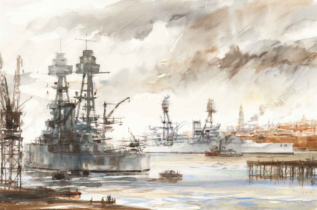 LEFT Battleships USS Oklahoma and USS Nevada at Charlestown Navy Yard, Boston, 1935. Detail from a painting by Ian Marshall. These sister ships with 14-inch guns had a very different war experience: Oklahoma was irretrievably damaged at Pearl Harbor, whereas Nevada survived and was active during the war (including the D-Day and Okinawa operations).