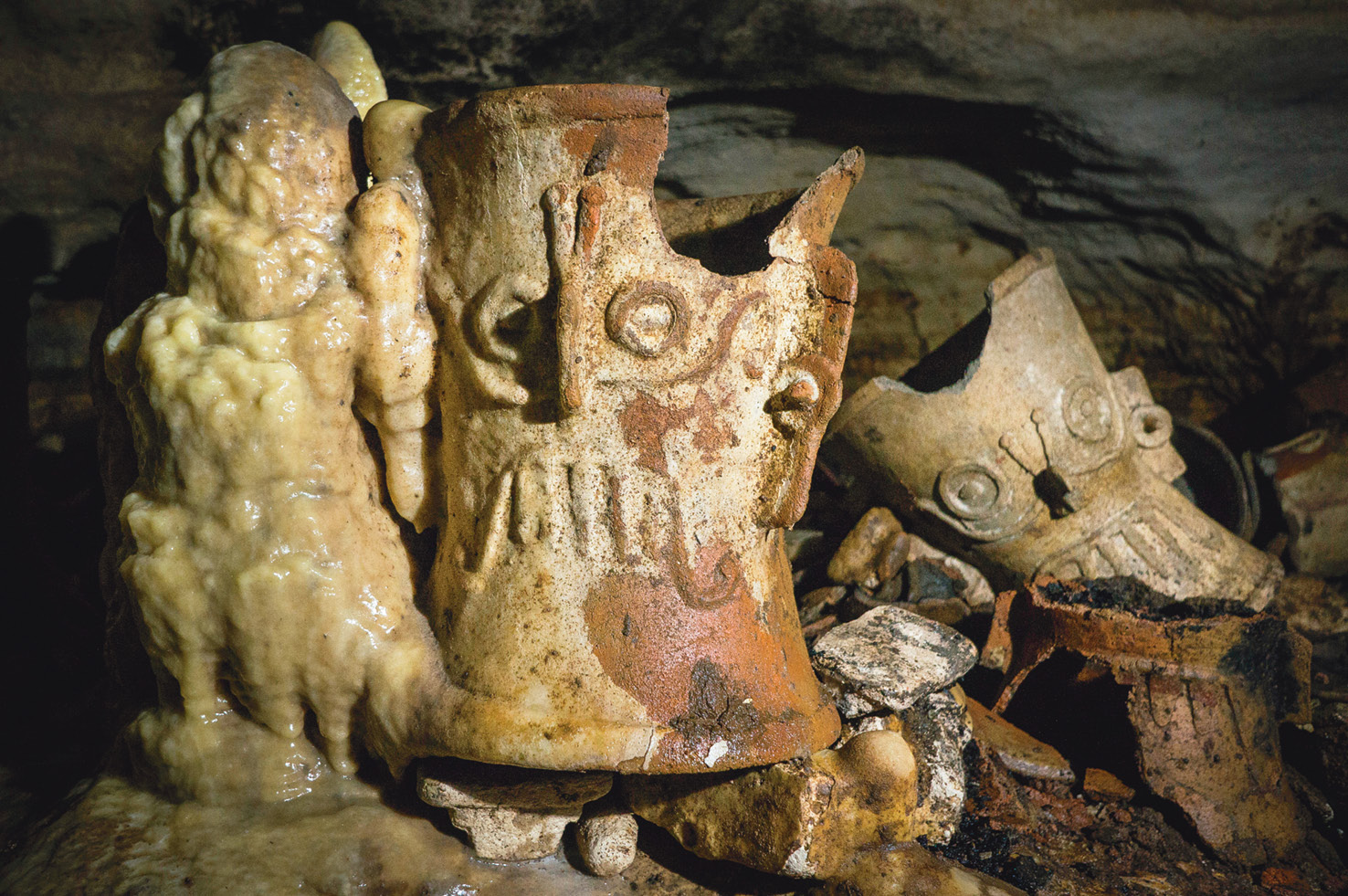 above Constant dripping over hundreds of years has allowed the concretion of some elements deposited in Balamku Cave, such as this Tlaloc incense burner.