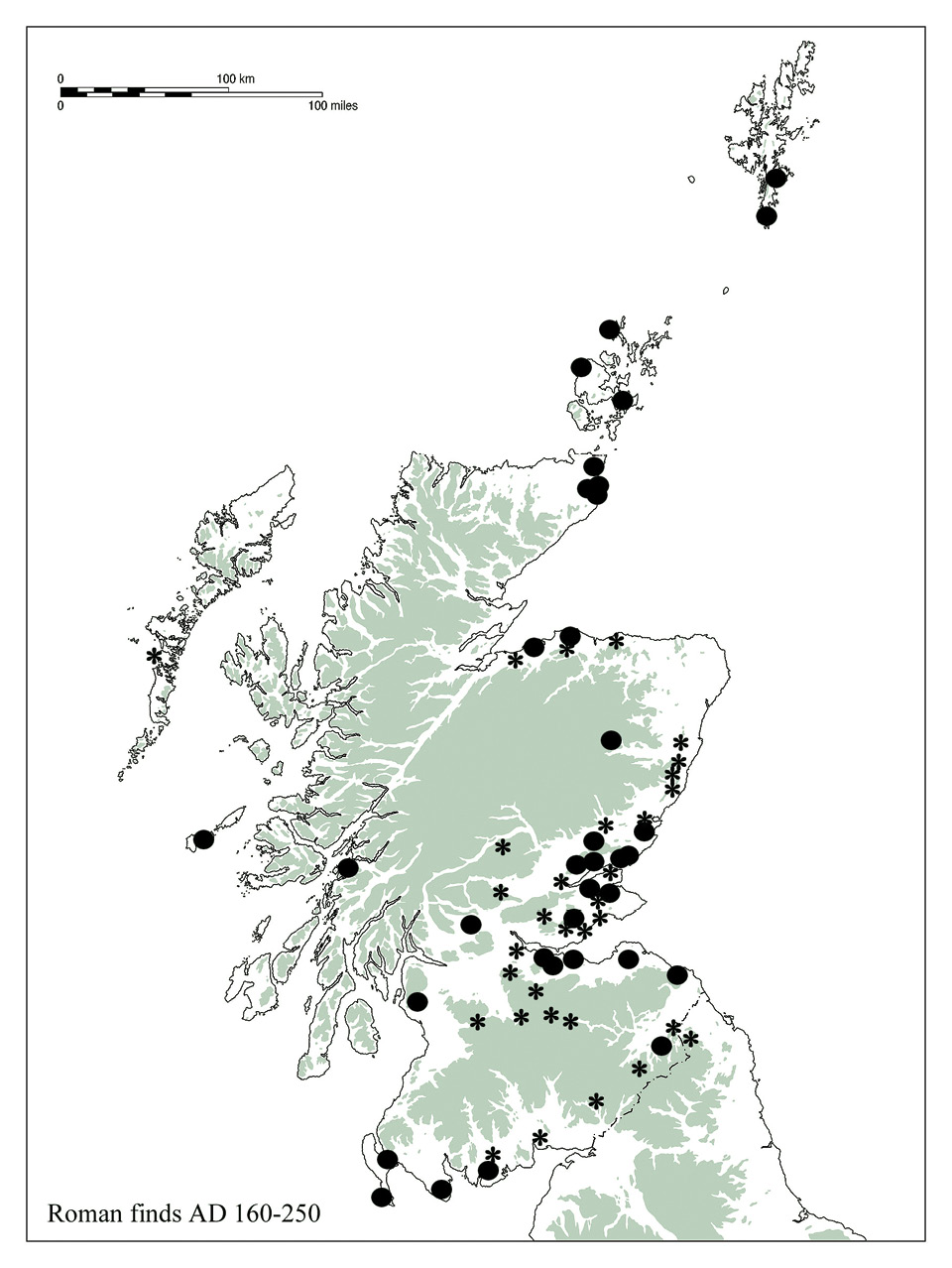 maps Distribution of Roman finds in the period c.AD 160-250 (left) and 250-400 (right). Note the concentration in north-east Scotland in the first map, and the gap in the second.
