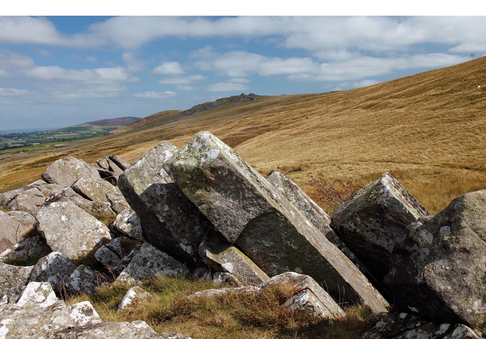 above Carn Goedog’s well-developed columnar jointing in dolerite is seen in the foreground, with Carn Alw’s craggy rhyolite outcrop behind.