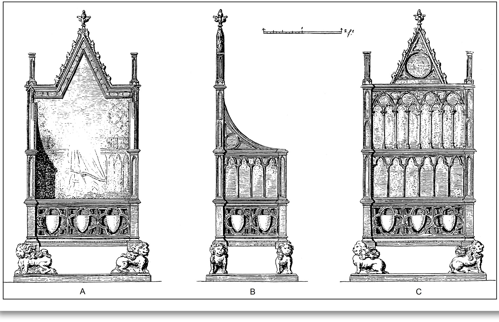 LEFT John Carter’s drawing of the Chair in 1780, showing shields in the quatrefoil openings around the stone compartment. The finished work is based on sketches undertaken in 1767.